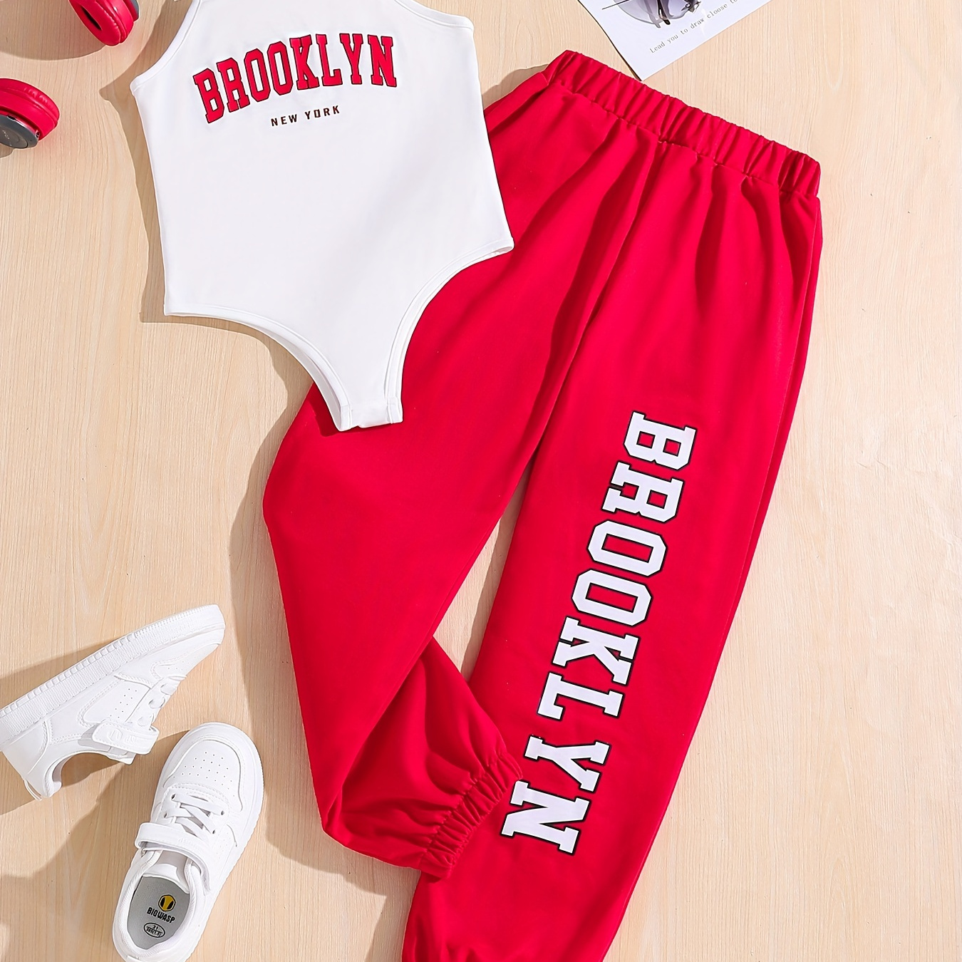 

2pcs, Brooklyn New York Print Cami Top + Jogger Pants Sport Set For Girls, Casual Holiday Set Summer Gift, Girls' Clothing