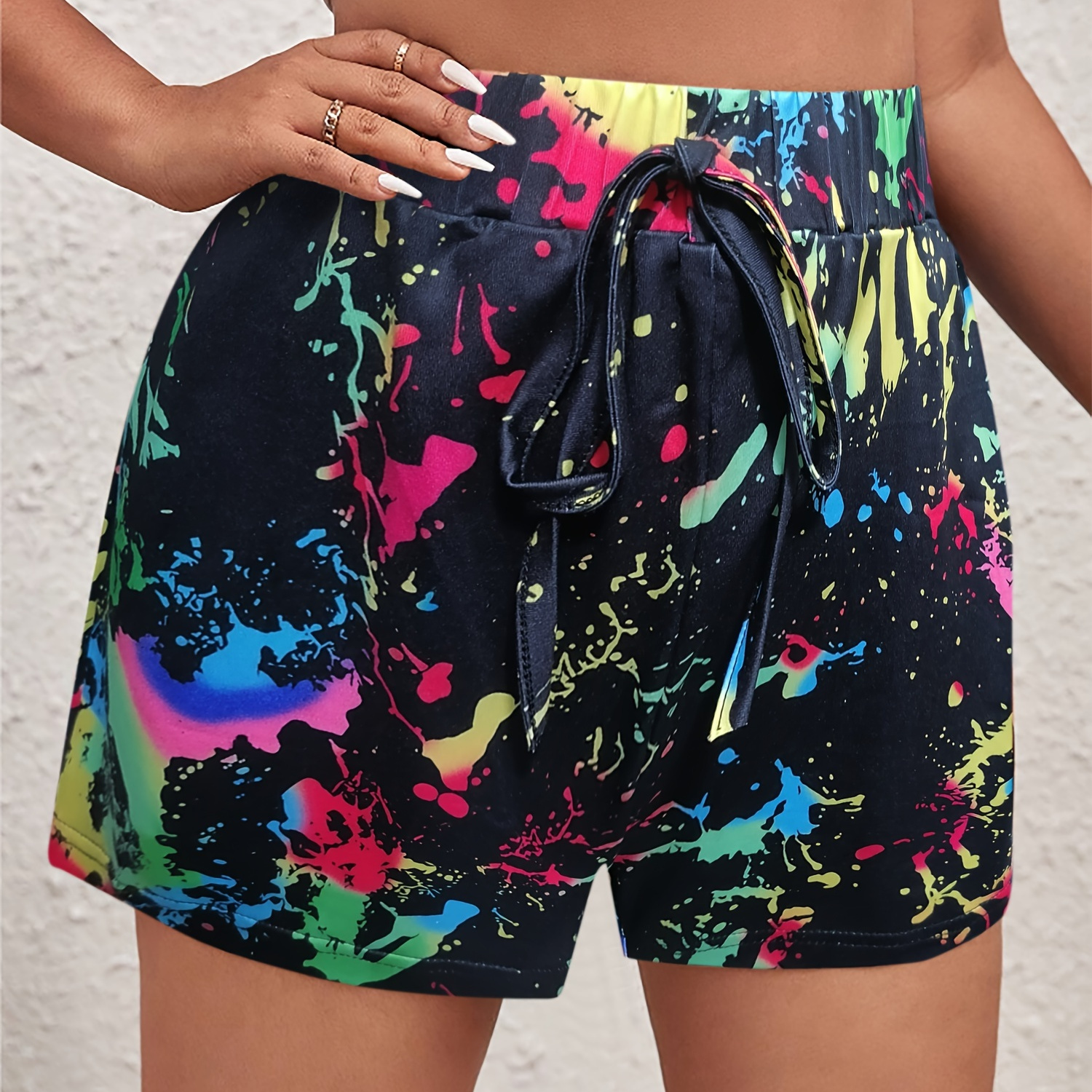 

Splash Ink Print Drawstring Shorts, Casual Elastic Waist Shorts For Spring & Summer, Women's Clothing