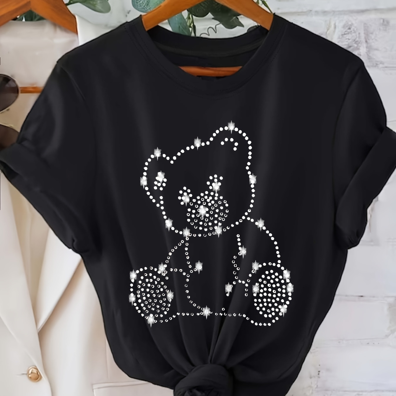 

Women's Cute Diamond Bear Graphic Tee - Casual Short Sleeve, Crew Neck Top, Stretchy Polyester , Machine Washable, , T-shirt, Casual Top, Women's Clothing