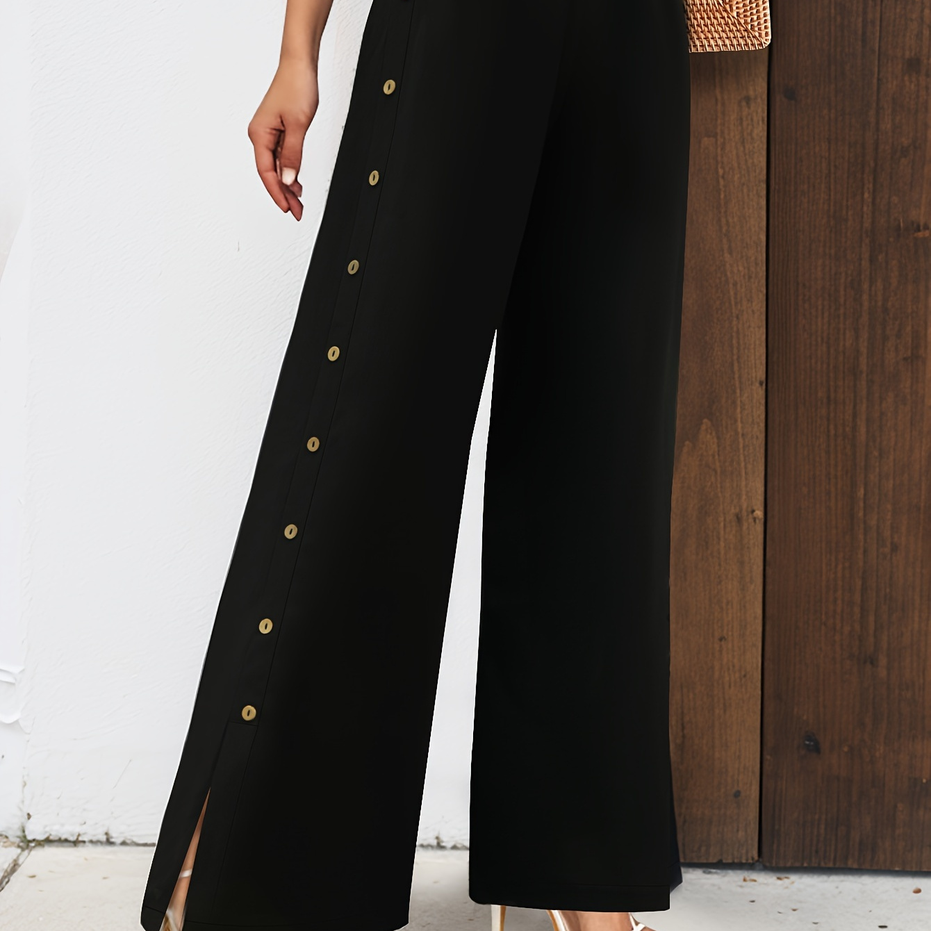 Button Side Slit Wide Leg Pants Casual Elastic Waist Pocket - Temu