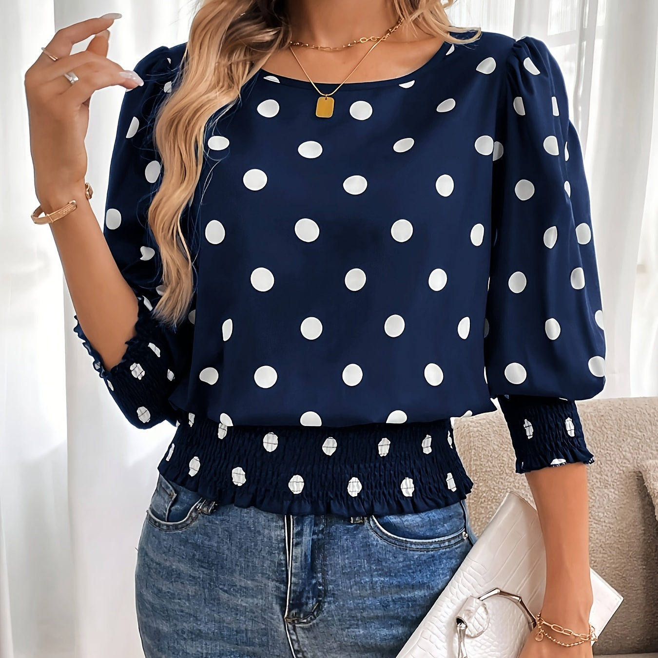 

Elegant Women's Polka Dot Blouse With Trim And Ruffle Hem - Casual Commuter Wear, 3/4 Sleeve, Machine Washable, Polyester - Office & Social Events In Fall, Plus Size Blouses