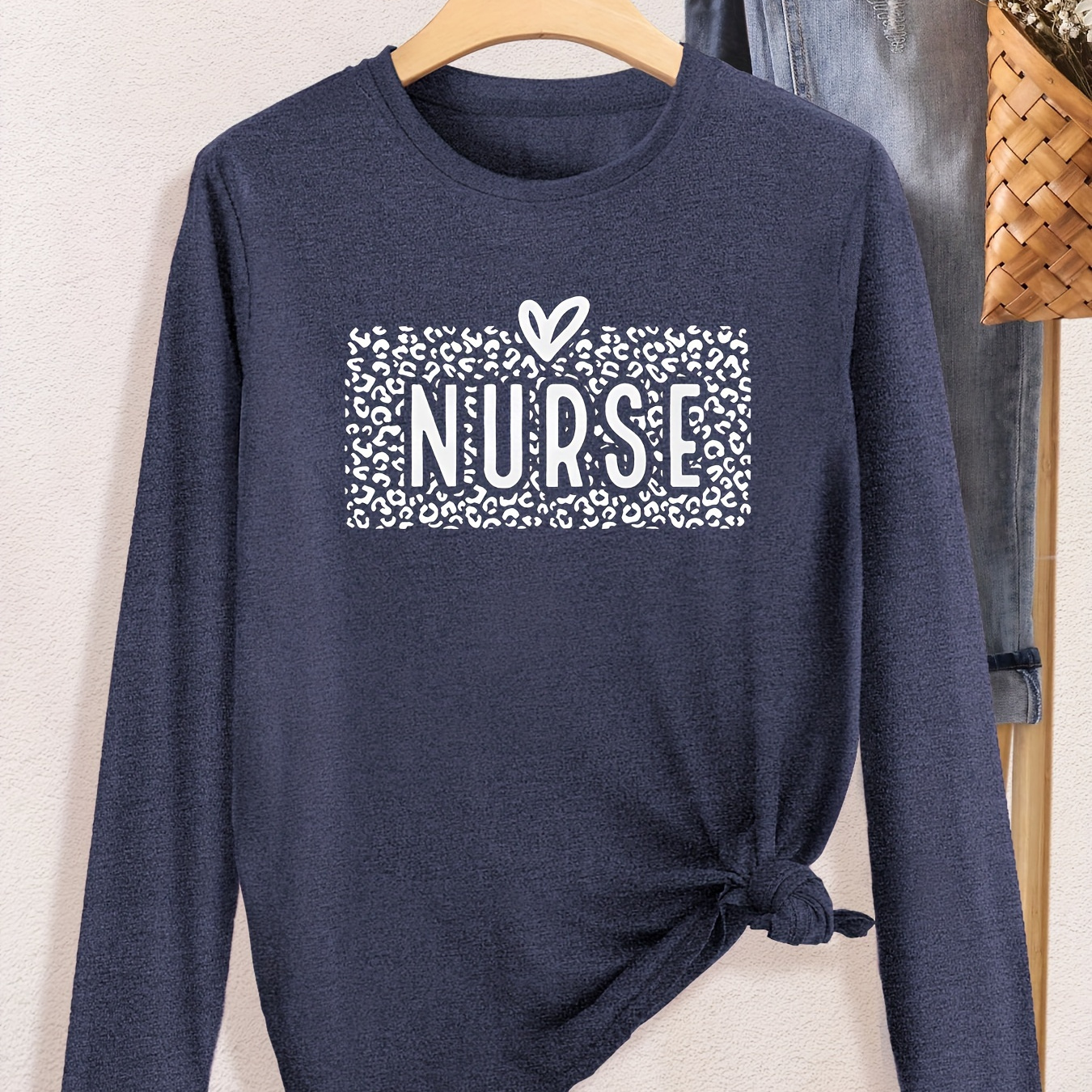 

Women's Casual Round Neck Long Sleeve T-shirt, Vintage Style With "nurse" Print, Knit Fabric, Regular Length, Spring/summer/autumn,sporty Top