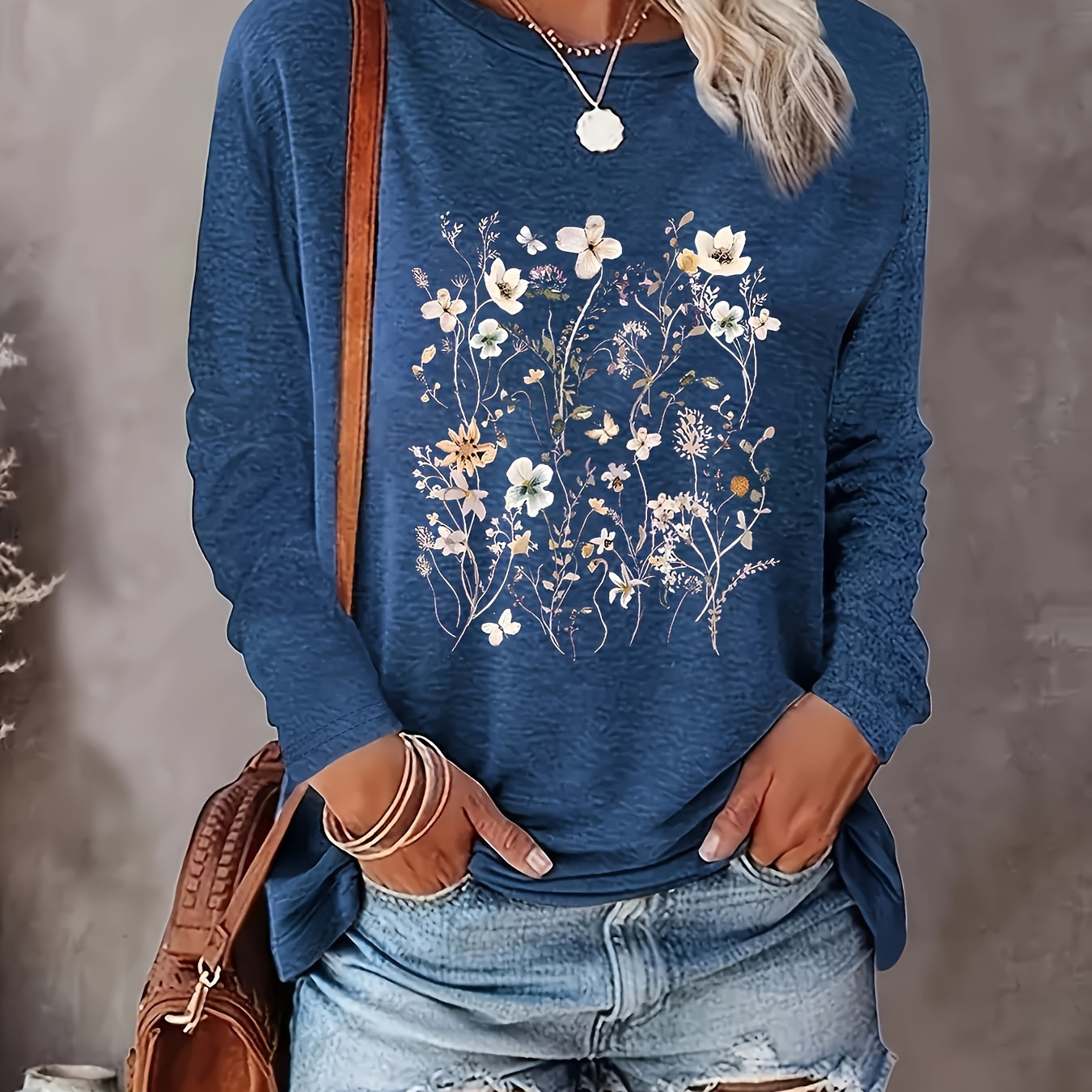 

Women's Floral Print Long Sleeve T-shirt - Cotton Blend Crew Neck Casual Top For Spring/fall, Knit Fabric With Comfortable Fit