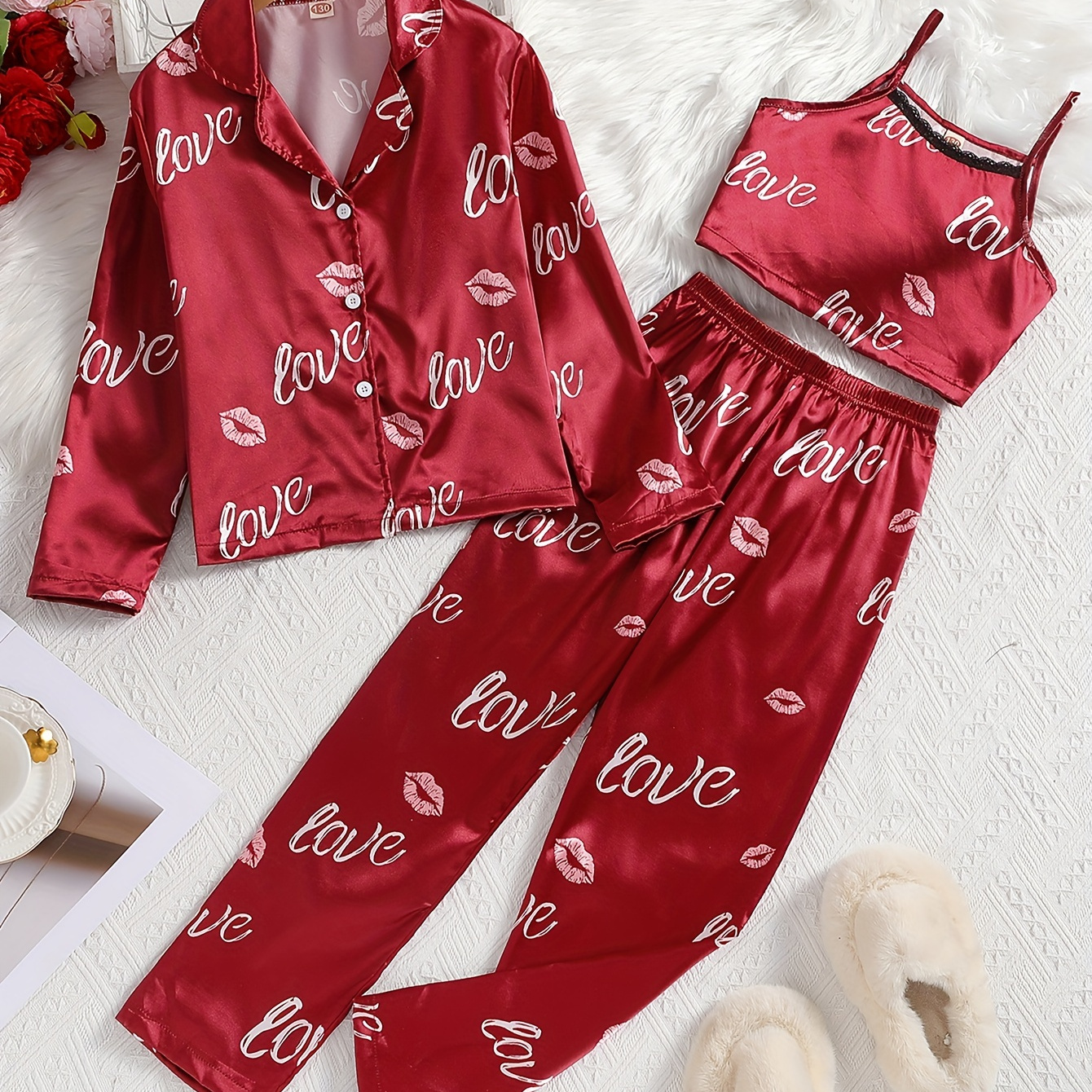 

3pcs Girl's Lips & Love Graphic Satin Pajama Set, Comfy Button Up Long Sleeve Shirt & Lace Trim Camisole & Matching Pants Set, Loungewear For All Seasons