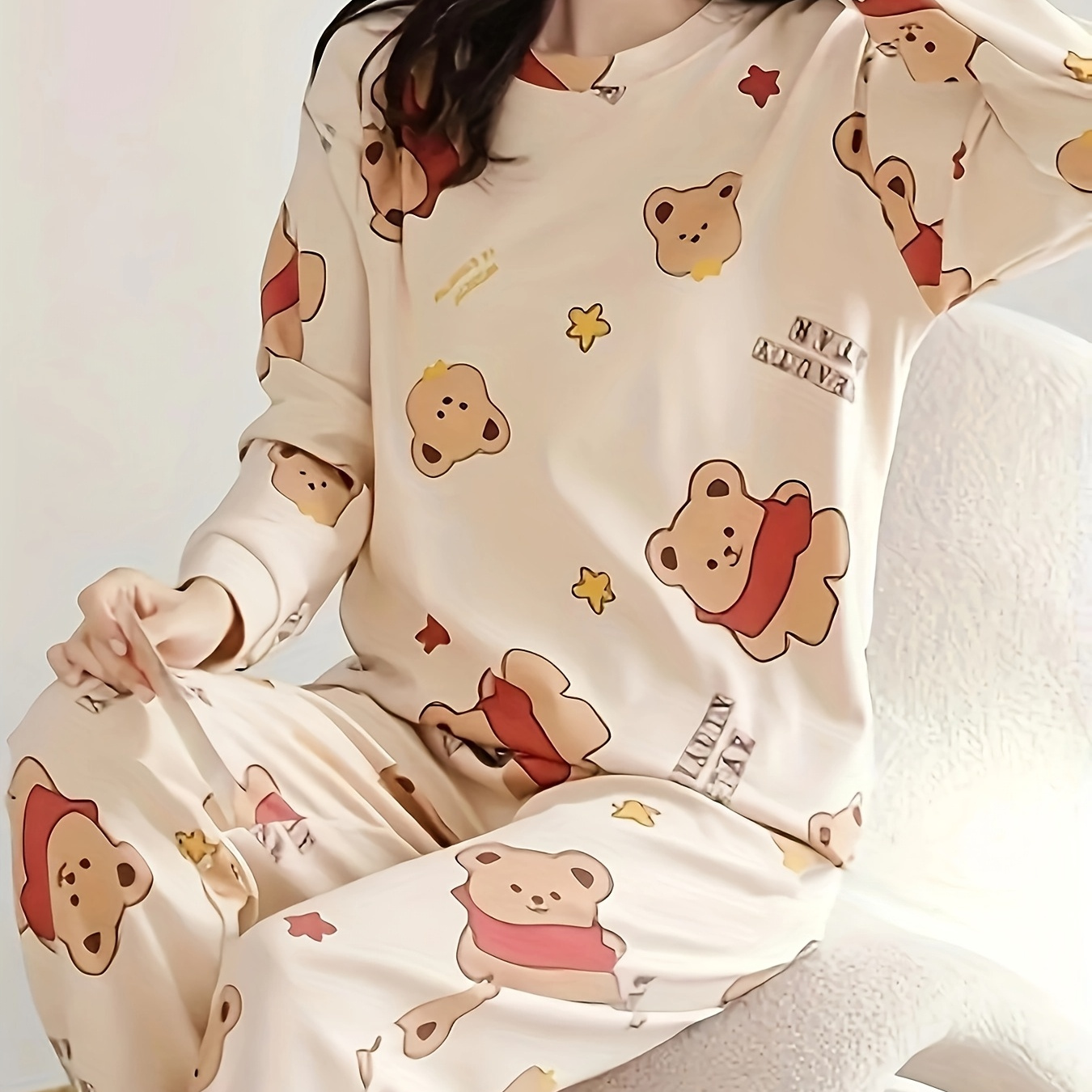 

Ensemble de pyjama imprimé et lettres pour femmes, haut à manches longues et col rond avec pantalon élastique, vêtements de détente en polyester tricoté décontracté pour /automne