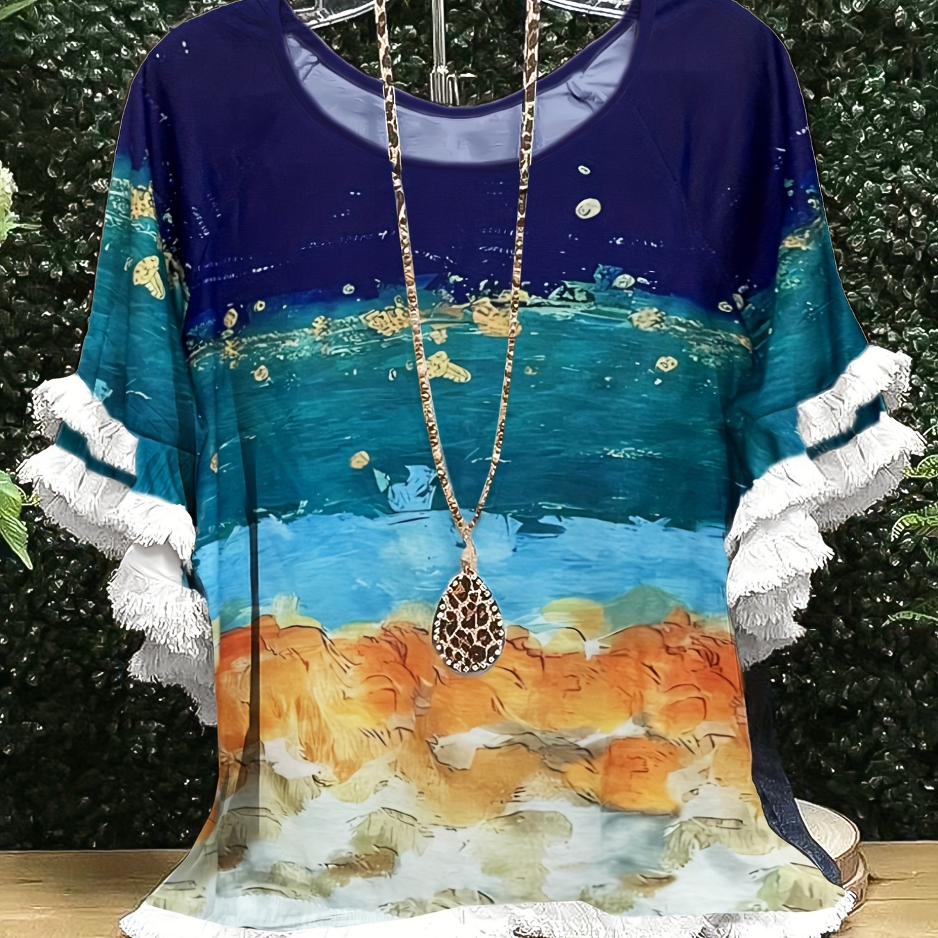 

Plus Size Boho T-shirt, Women's Plus Painting Print Fringe Trim Round Neck T-shirt