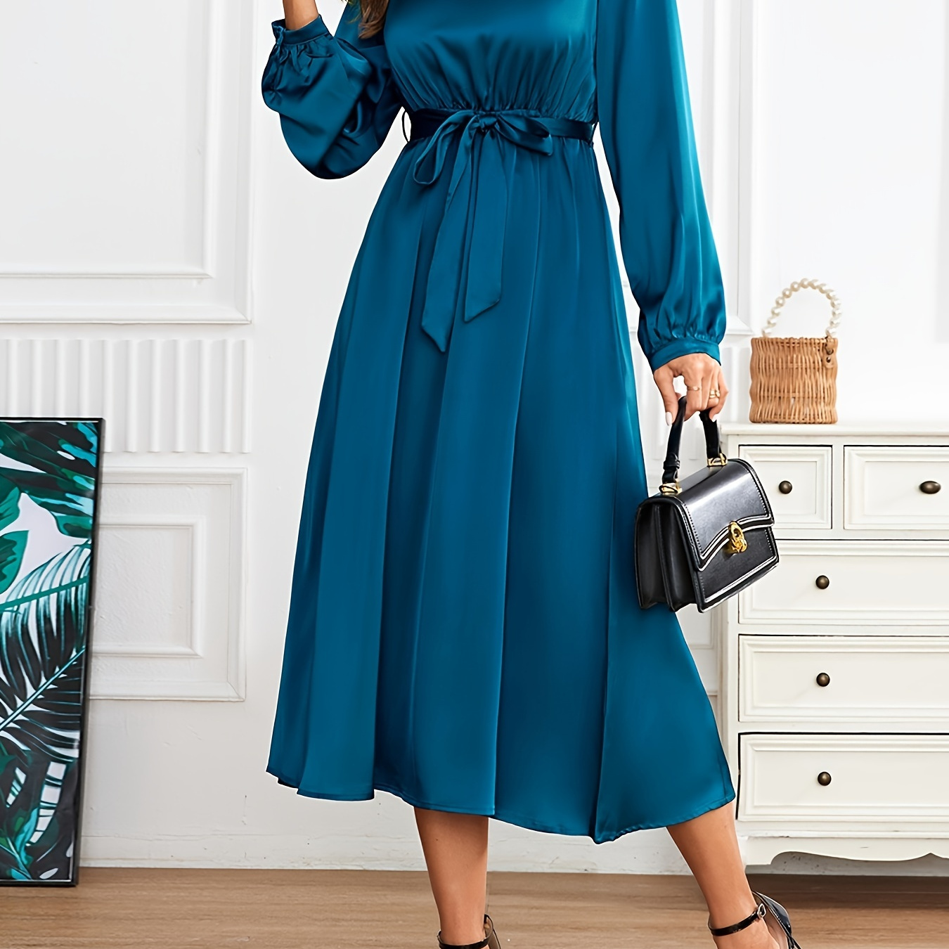 

Satin Crew Neck Dress, Elegant Long Sleeve Tie Waist A-line Dress For Spring & Fall, Women's Clothing