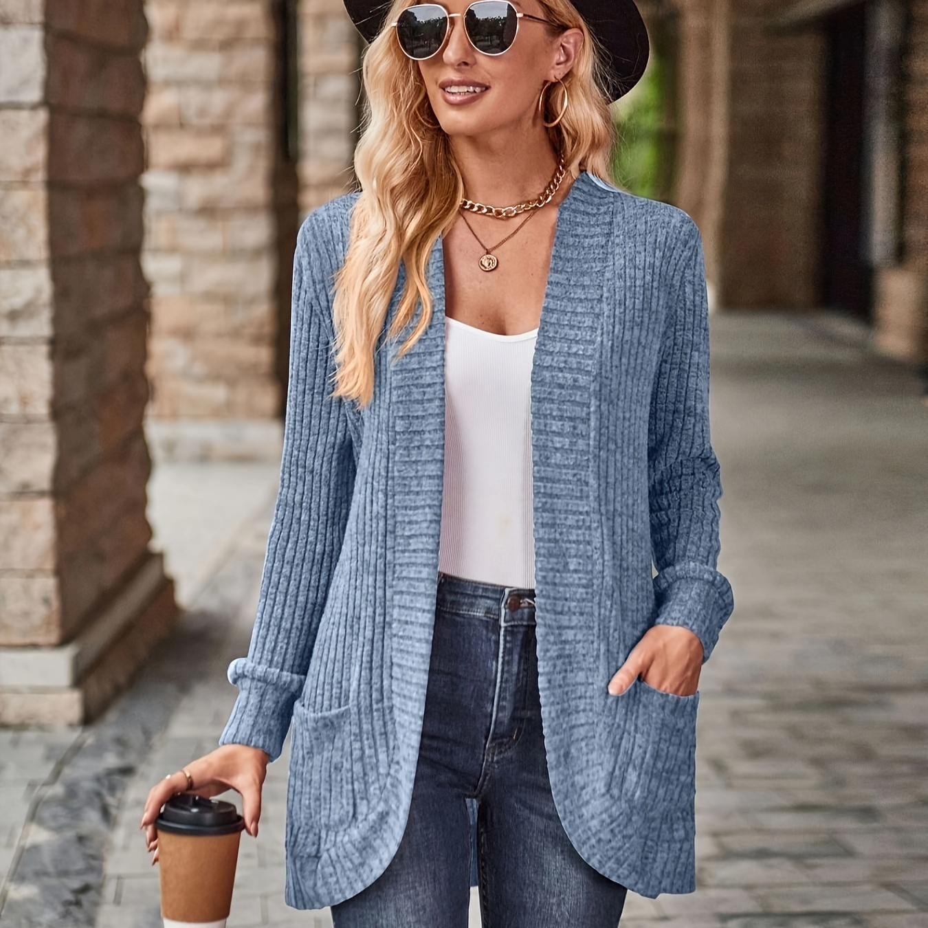 

Plus Size Casual Cardigan, Women's Plus Solid Ribbed Long Sleeve Open Front High Stretch Knit Cardigan With Pockets