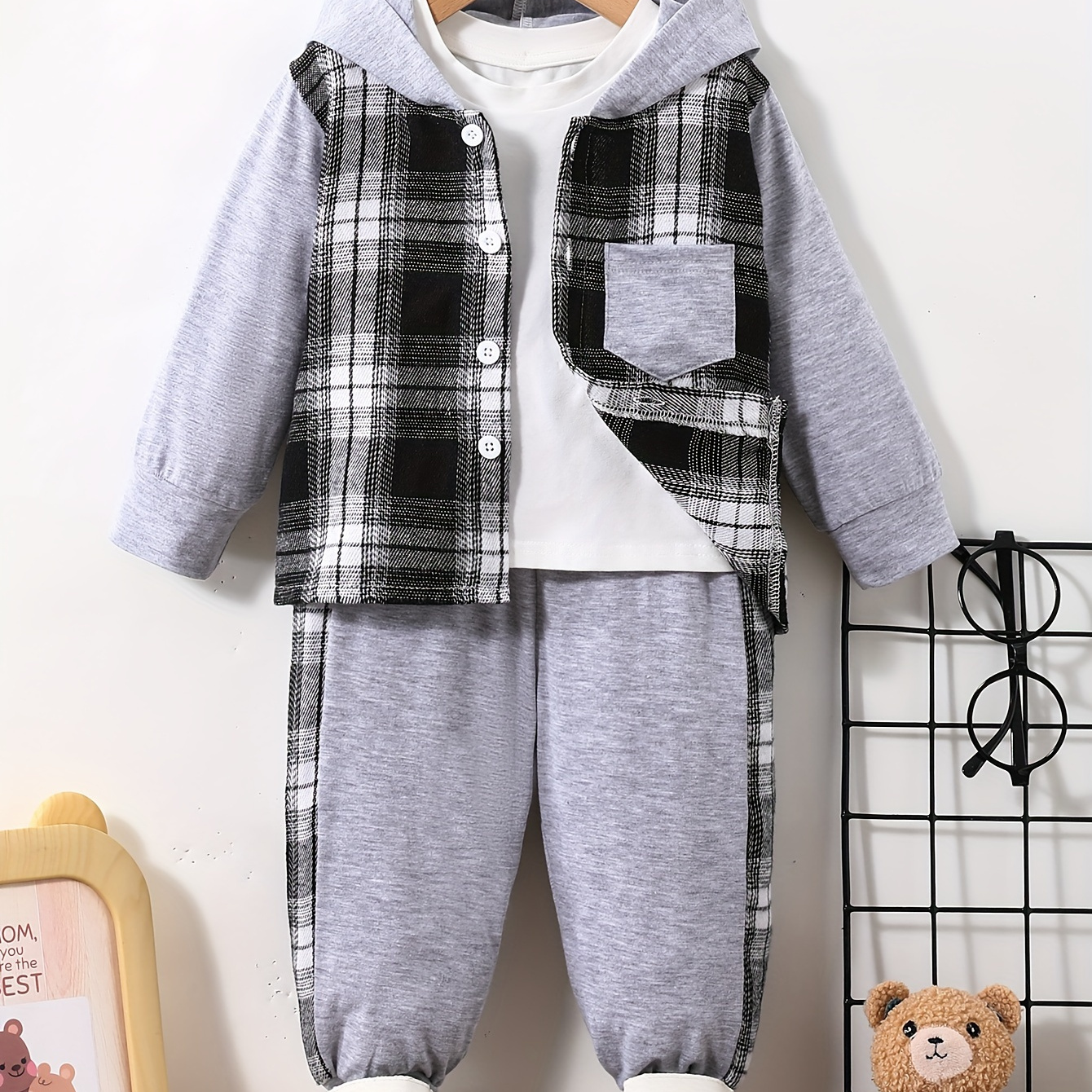 

2 pièces Chemise à capuche à motif écossais et pantalon de jogging pour bébé, ensemble de vêtements pour garçon en bas âge et nourrisson pour l'automne