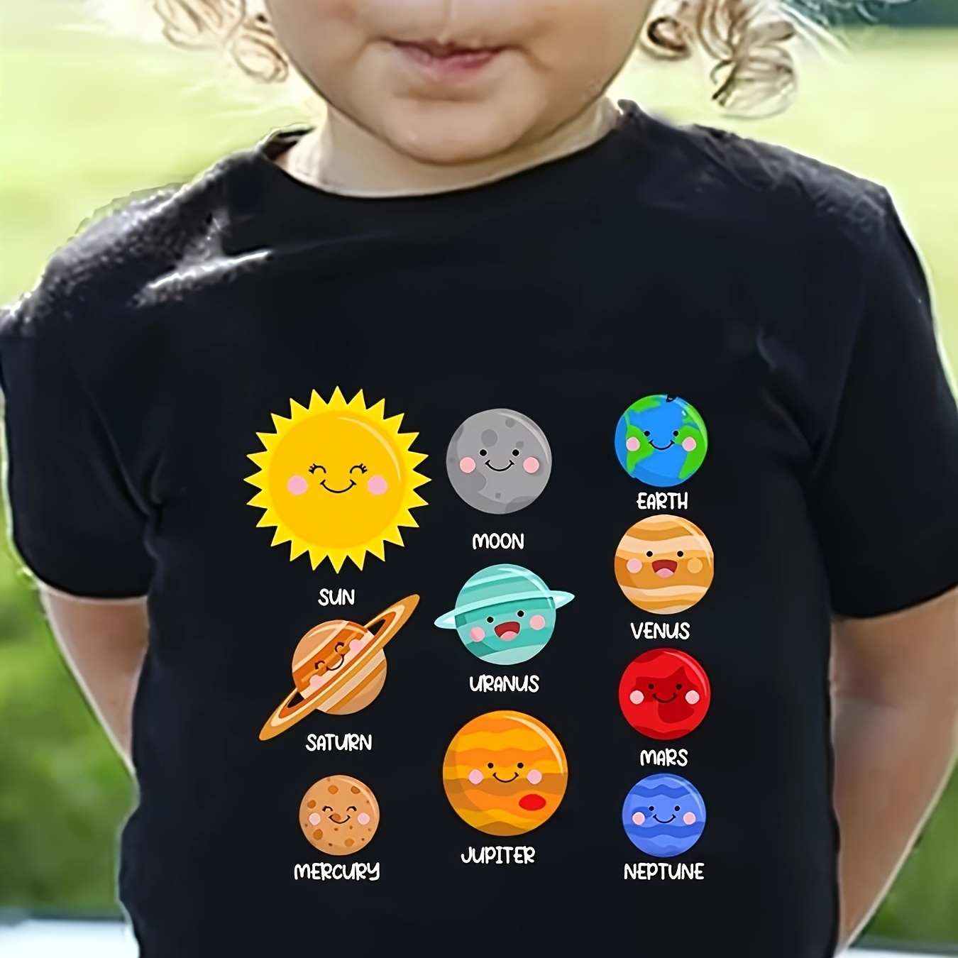 

Cute Cartoon Planets Graphic Print, Girls' Casual & Comfy Crew Neck Short Sleeve T-shirt For Spring & Summer, Girls' Clothes For Outdoor Activities