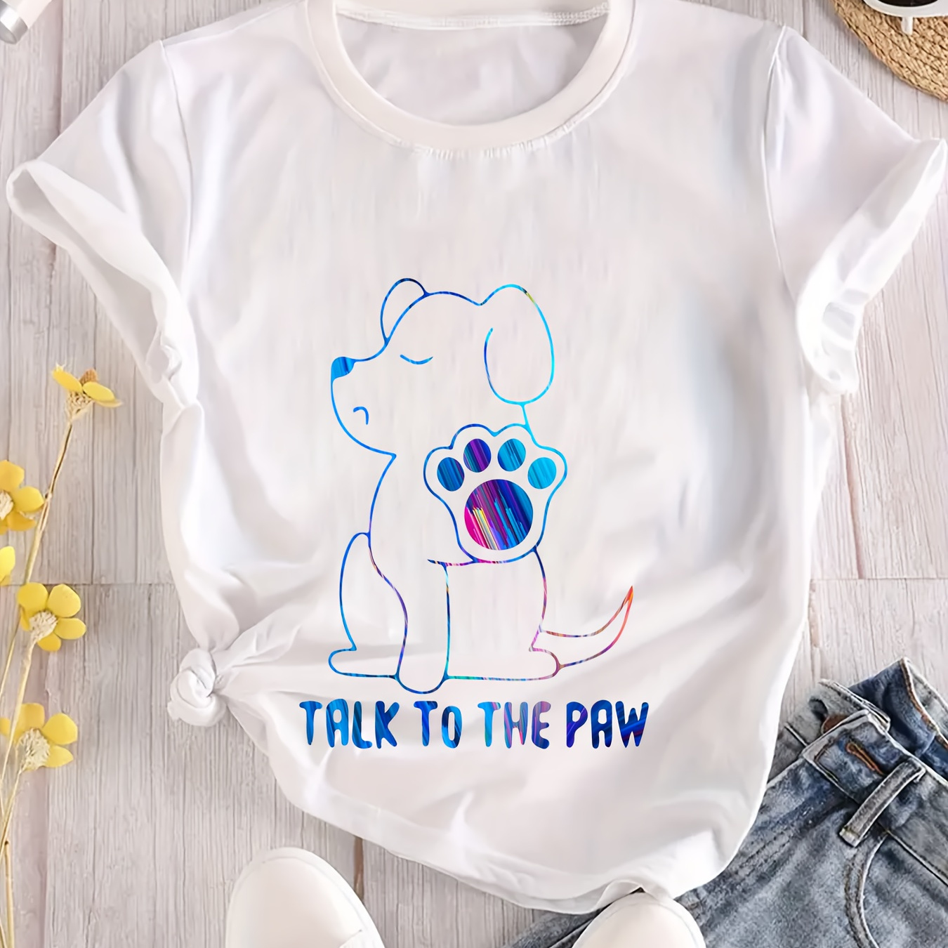 

Plus Size Dog Print T-shirt, Casual Short Sleeve Top For Spring & Summer, Women's Plus Size Clothing