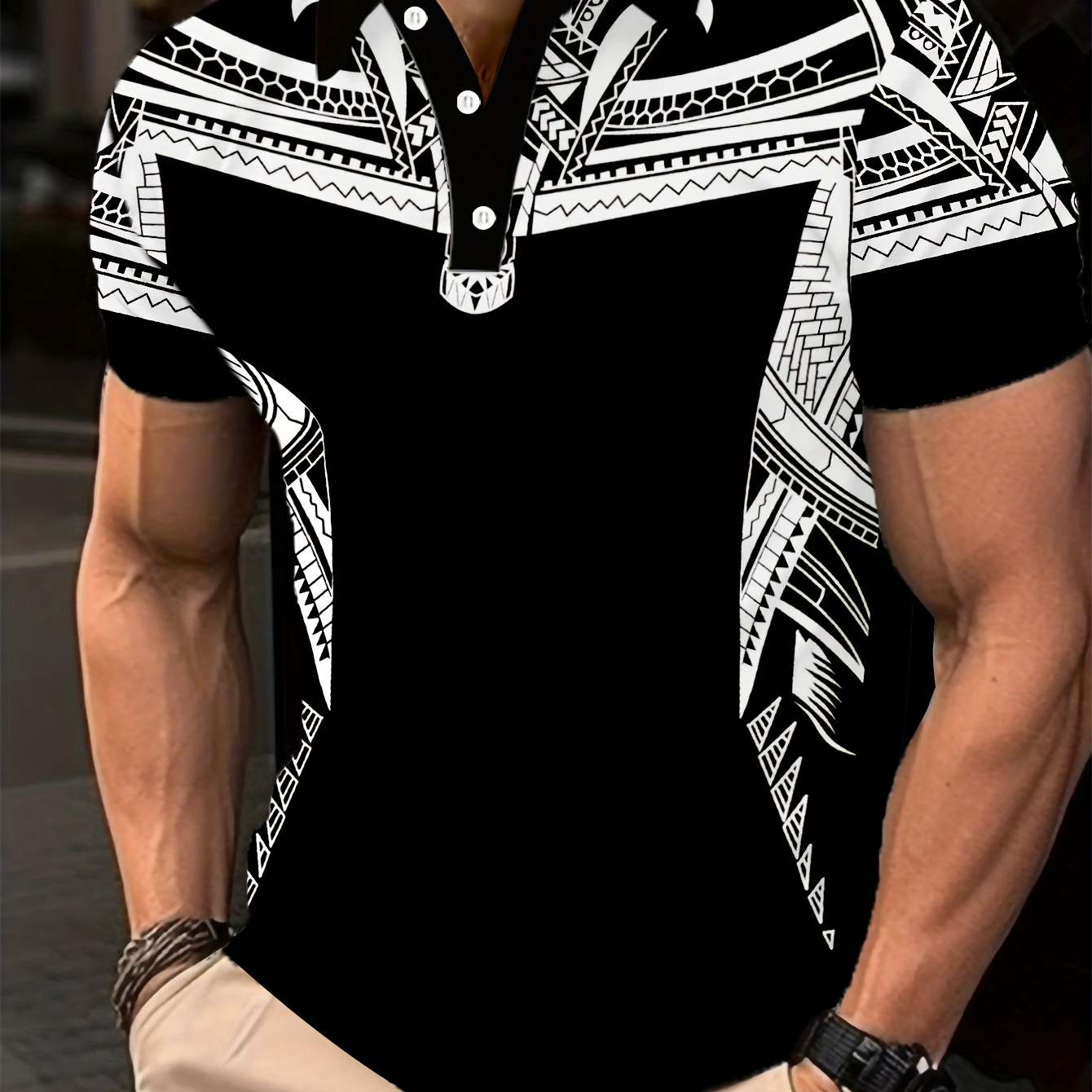 

Ethnic Style Pattern Golf Shirt For Men, Stylish Turndown Collar Short Sleeve Top, Men's Clothing For Daily Wear