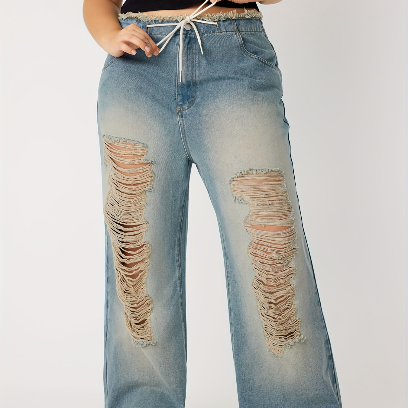 Plus Size Y2k Jeans Women's Plus Button Fly Ripped Fringe - Temu Canada