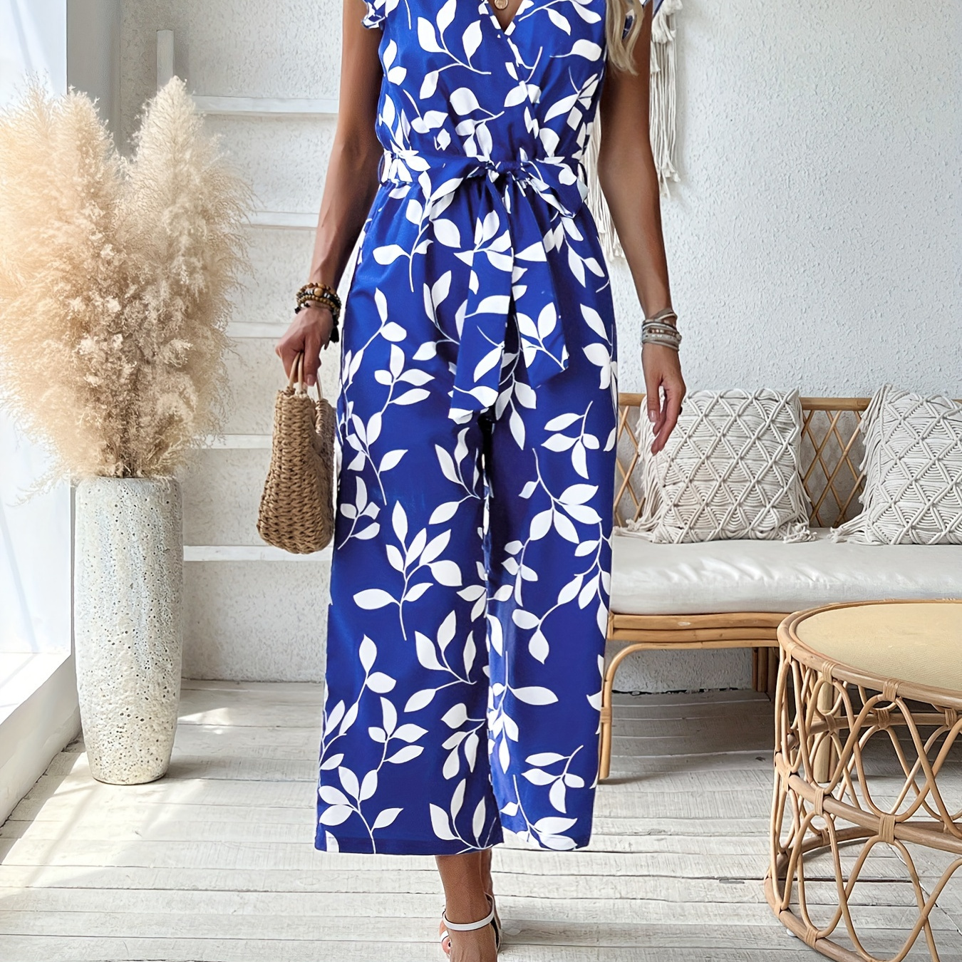 

Plant Print Ruffle Jumpsuit, Elegant V Neck Jumpsuit For Spring & Summer, Women's Clothing