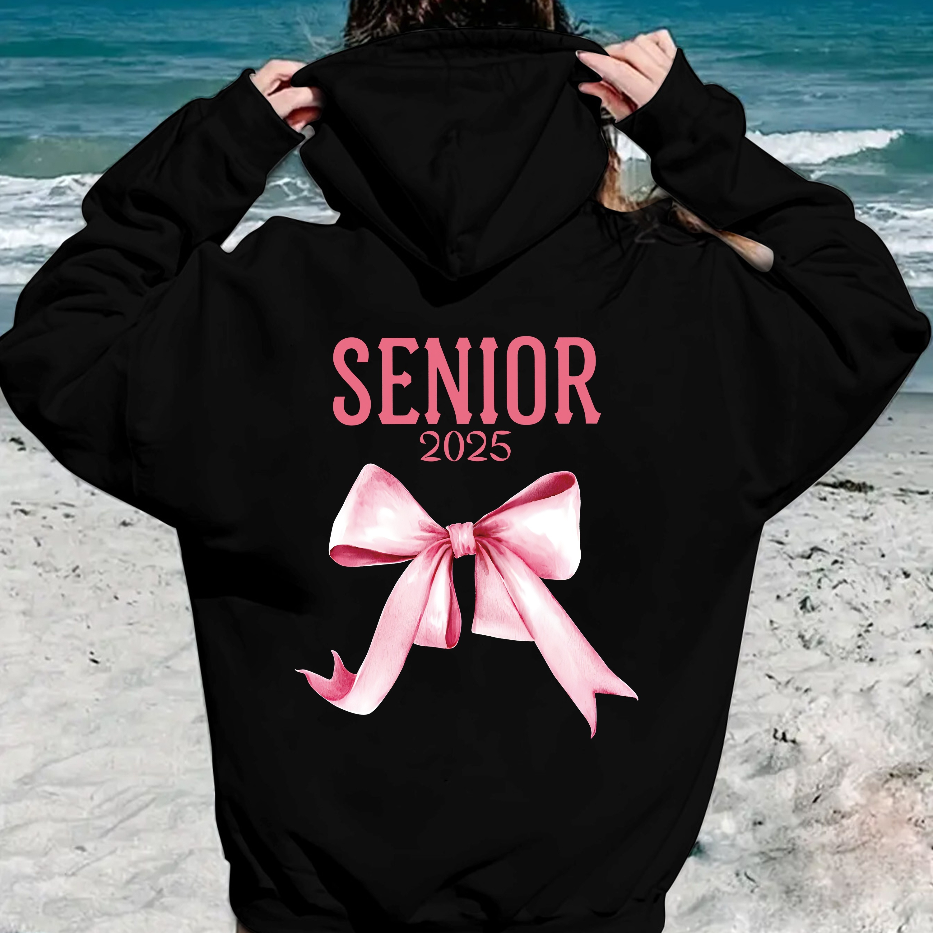 

Women's Casual Polyester Hoodie With Geometric Letter & Bow Print, Hooded Long Sleeve Pullover With Drawstring And Front Pocket