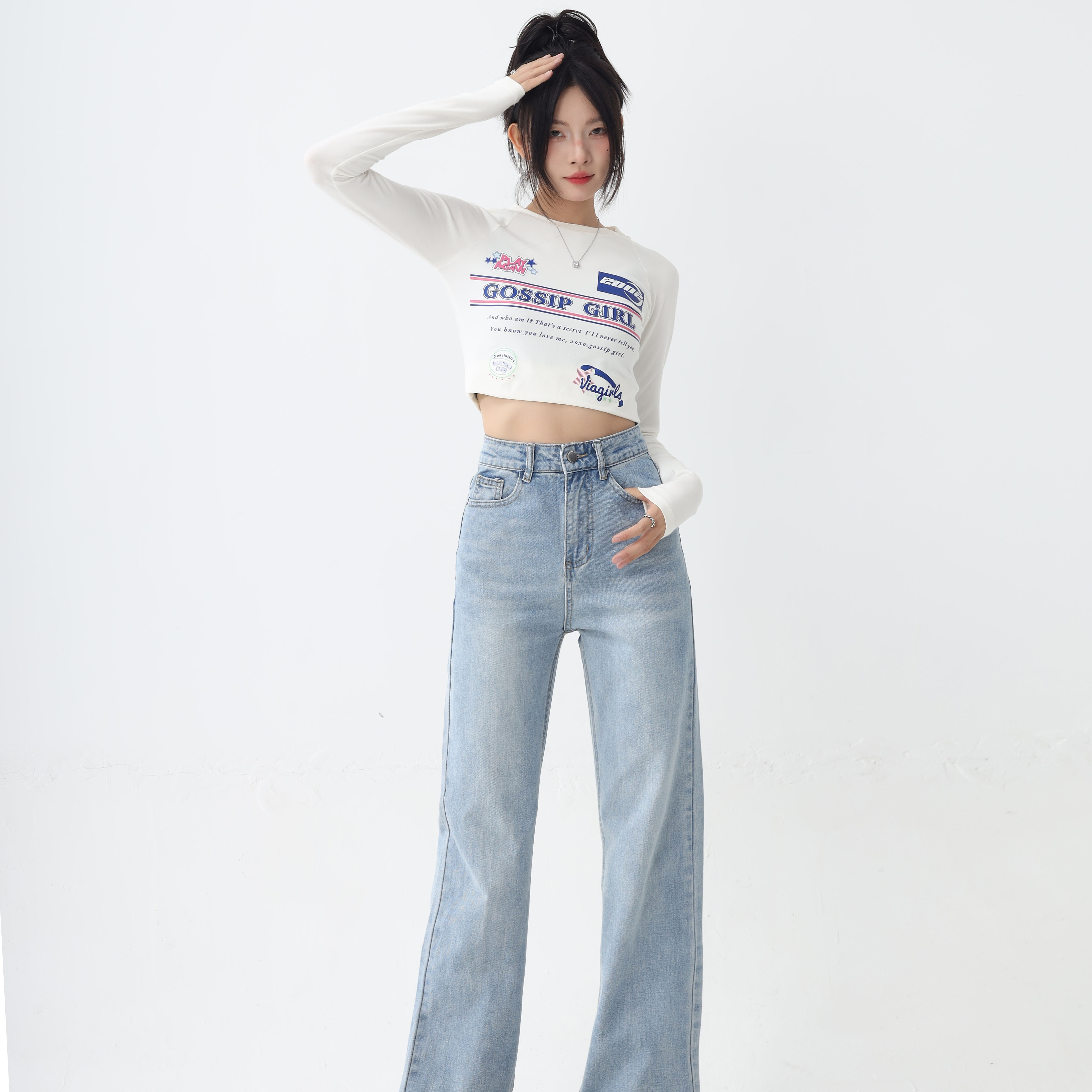 

Women' Blue High-waist Straight-leg Jeans - Casual, Non-stretch Denim With Pockets, Machine Washable