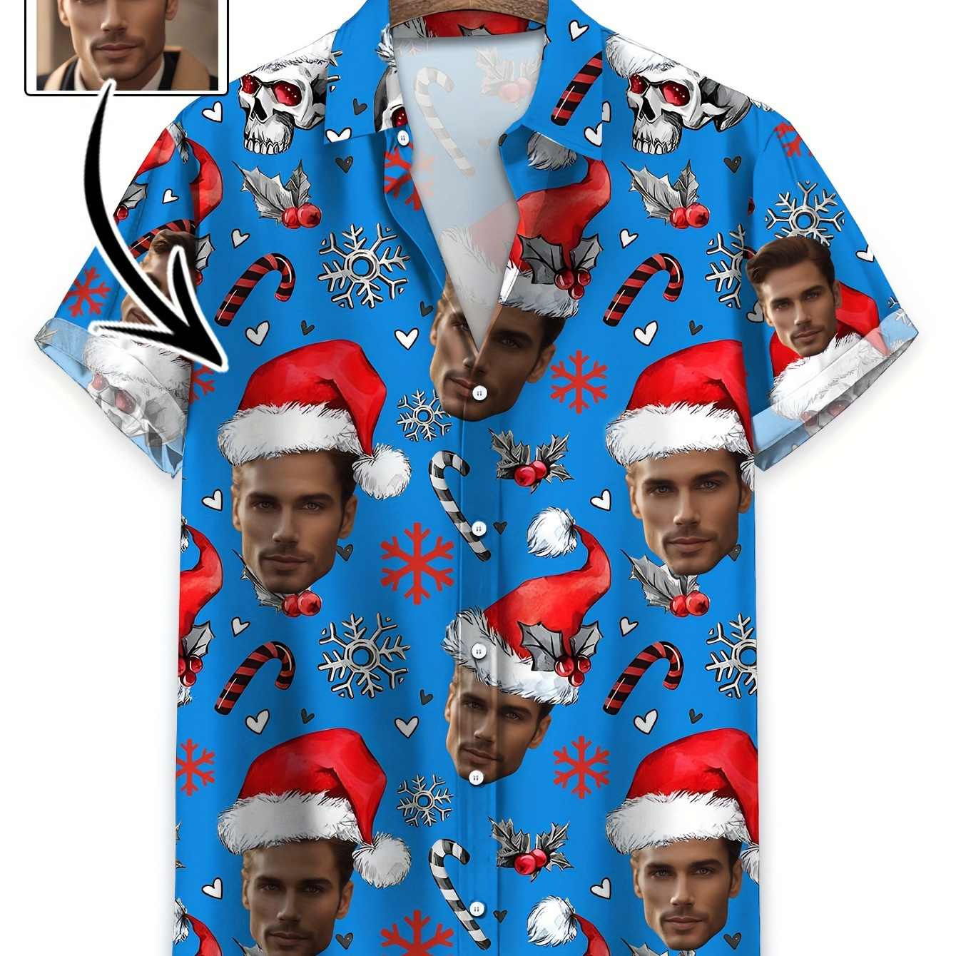 

Men's Customizable Photo Christmas Themed Short Sleeve Lapel Shirt For All Seasons, Hawaii Style Personalized Shirt Creative Gift