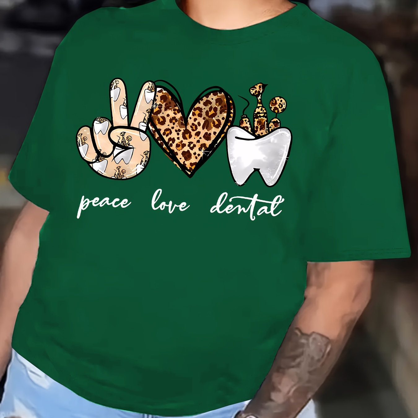 

Women's Casual Sports T-shirt Top, Plus Size Tooth & Peace Sign & Letter Print Stretchy Round Neck Breathable Short Sleeve Fitness Tee Top