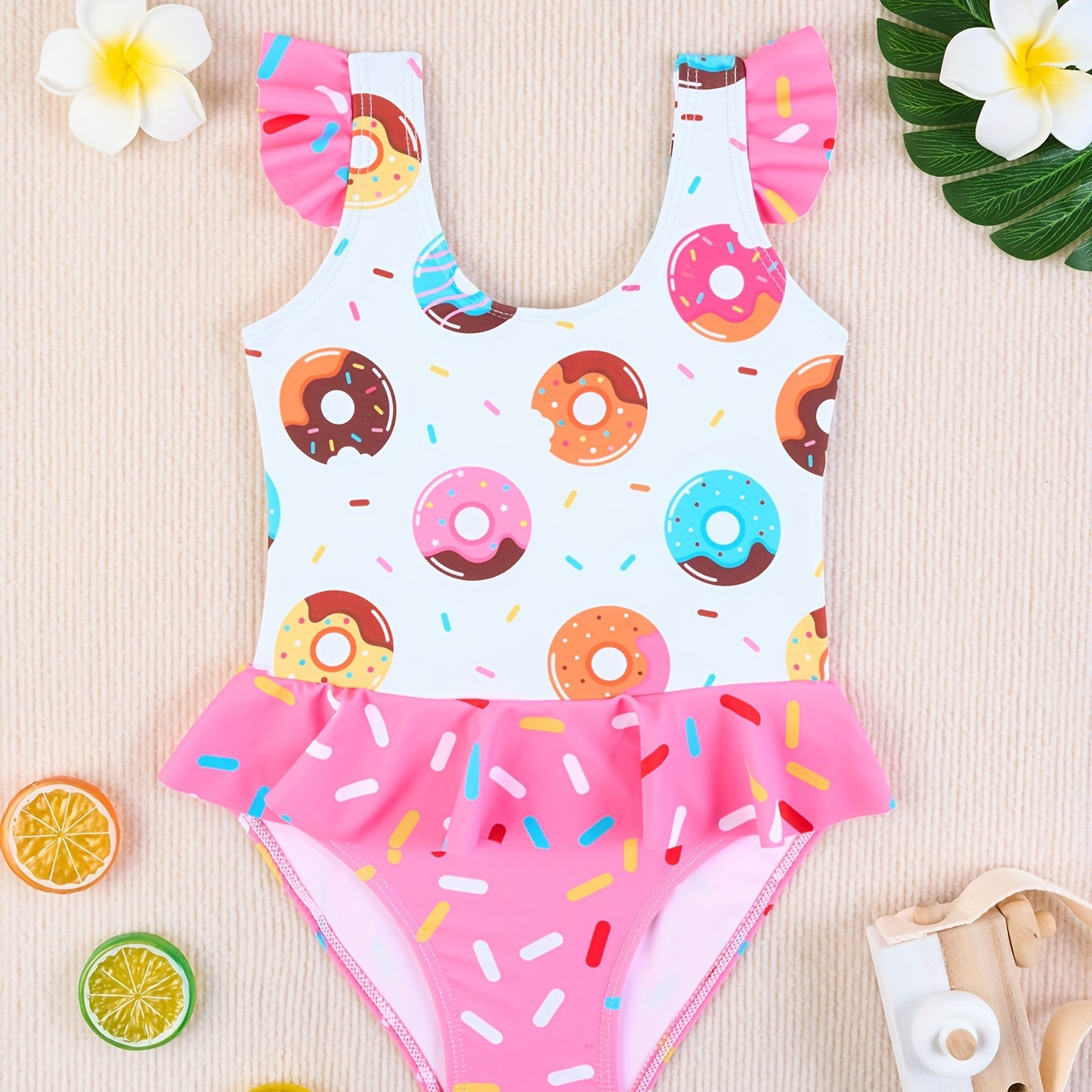 

Cute Girls Splicing Donut Graphic Ruffle Trim Sleeveless Swimwear Bathing Suit For Summer Beach Vacation