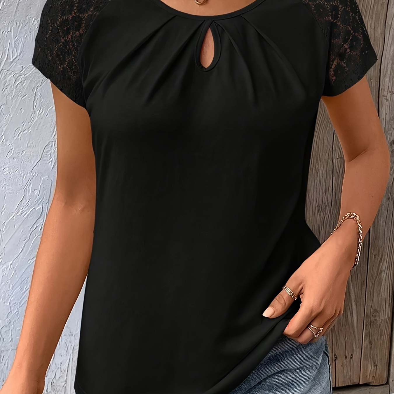 

Lace Contrast Crew Neck T-shirt, Casual Keyhole Pleated Cap Sleeve T-shirt, Women's Clothing