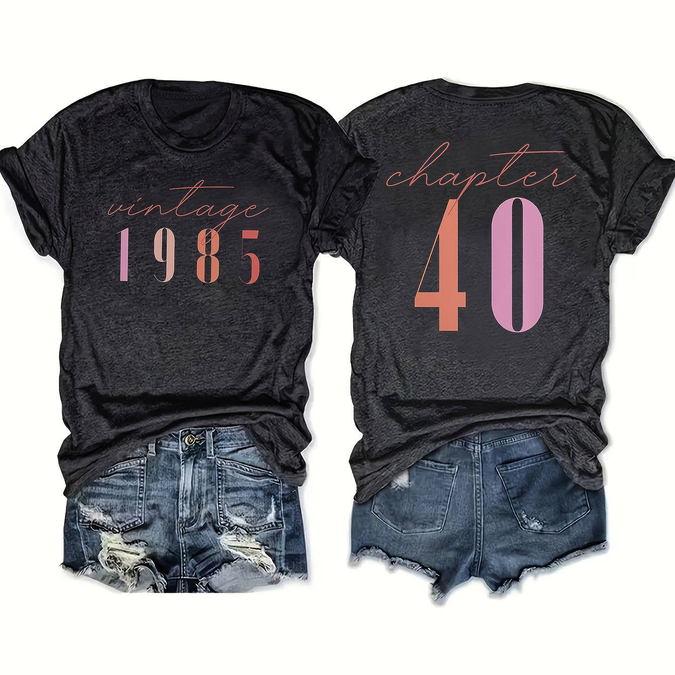 

1pc T-shirt vintage imprimé 40 de 1985 pour femme, T-shirt décontracté à col rond en de polyester, haut de longueur standard toutes