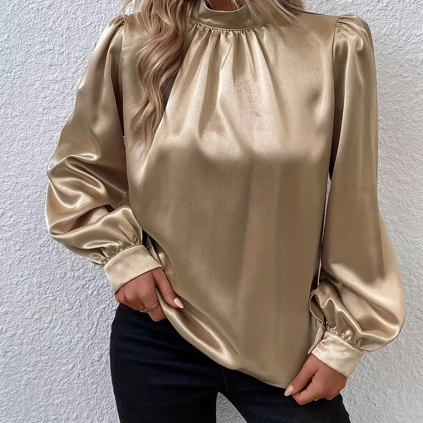 

Elegant Khaki Satin Blouse For Women - Mock Neck, Long Sleeve, Non-stretch Polyester - Fall/winter