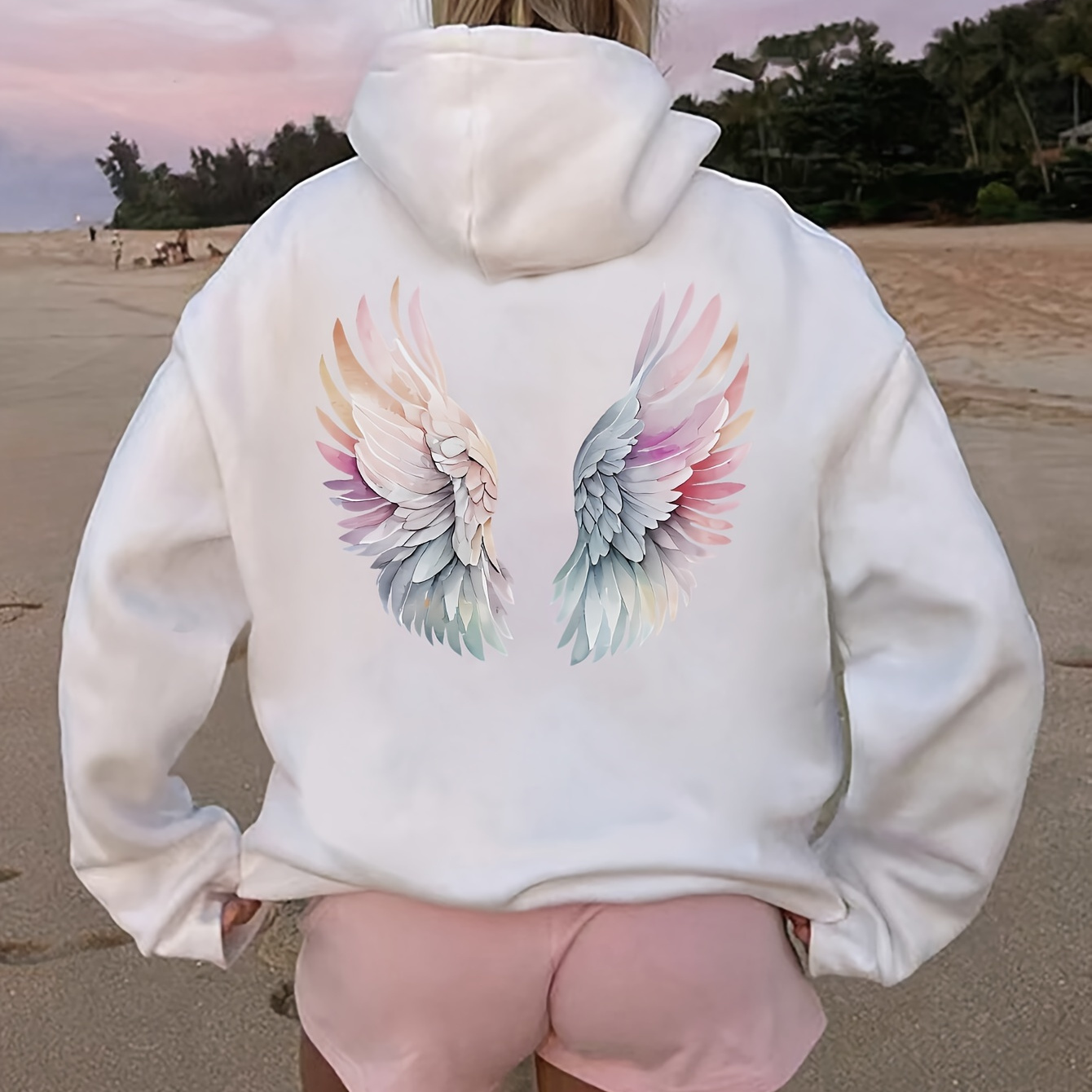 

Women's Casual Fashion Hoodie With Wing Pattern, 100% Polyester Knit Fabric, Hooded Pullover With Pocket For Spring/summer/fall