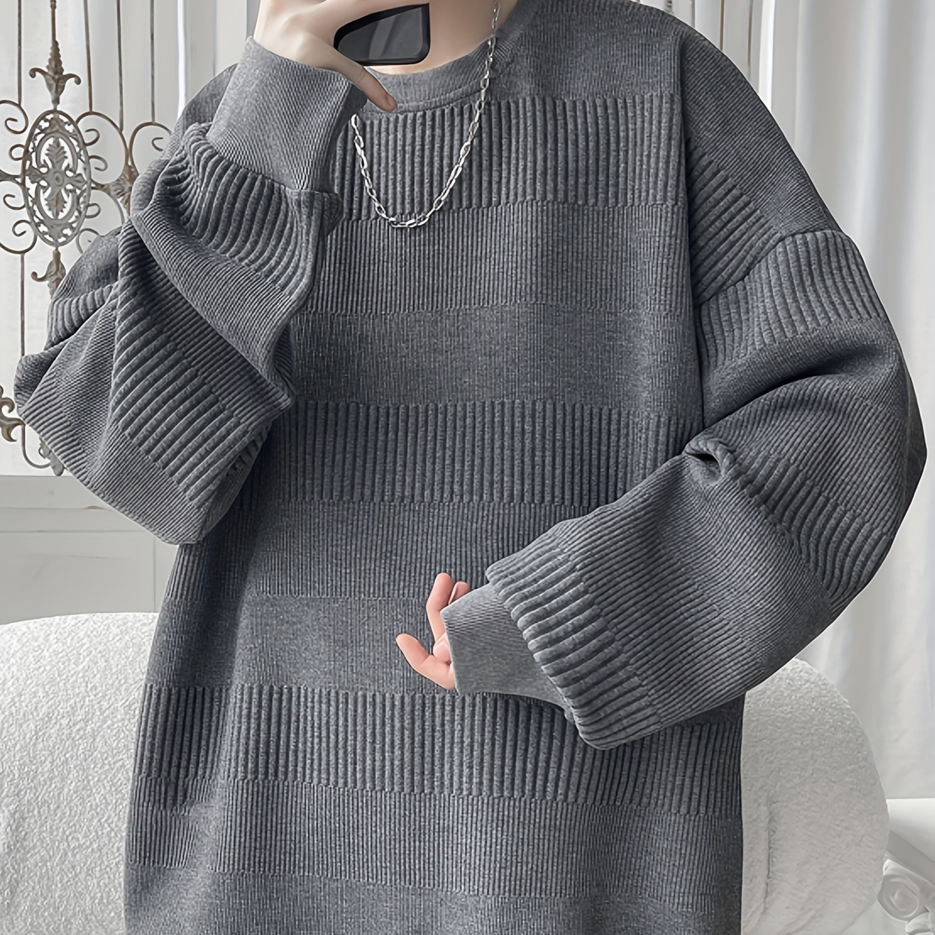 

Men' Knitted Sweatshirt, Casual Polyester Pullover, Solid Color, Round Neck, Regular Fit, Stretchy Fabric, Hoodie For Men