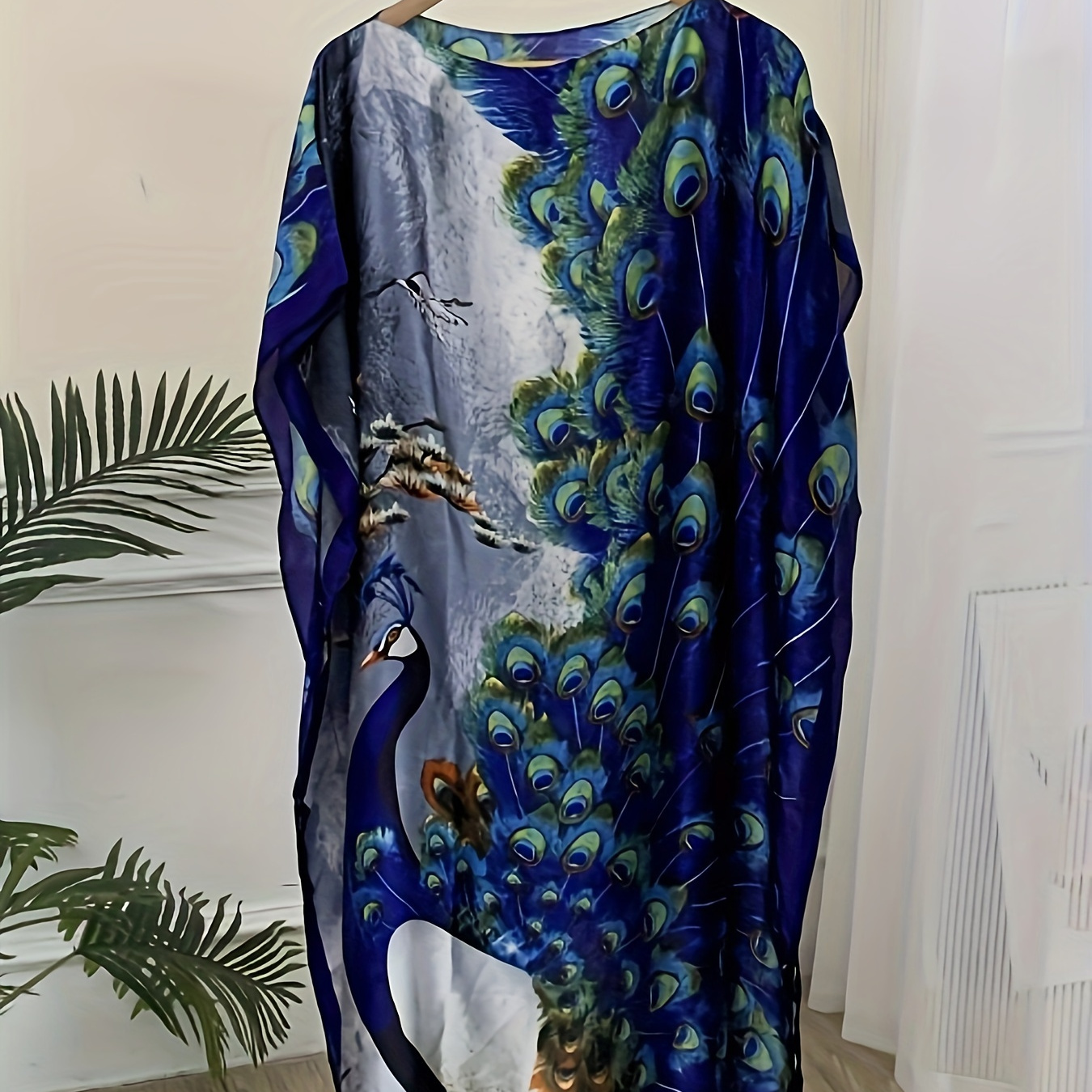 

Plus Size Peacock Print Loose Dress, Casual Crew Neck Batwing Sleeve Dress, Women's Plus Size Clothing