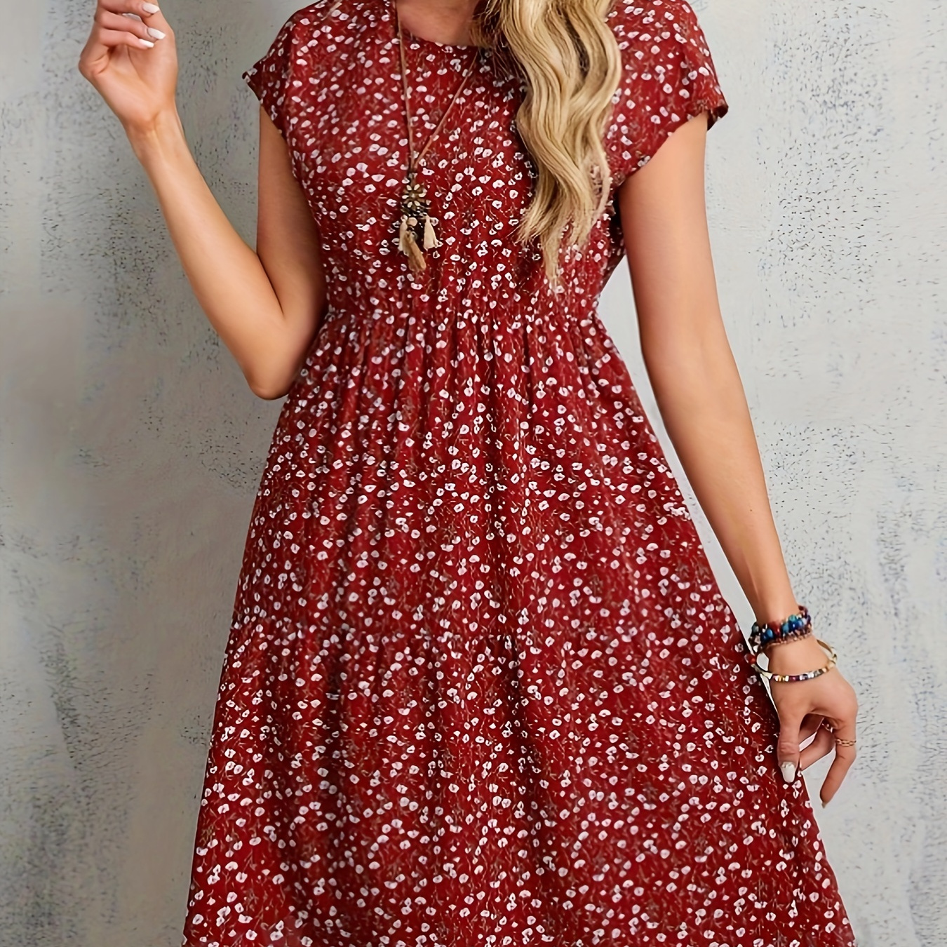 

Floral Print Batwing Sleeve Waist Dress, Elegant Crew Neck Ruffle Hem Dress, Women's Clothing