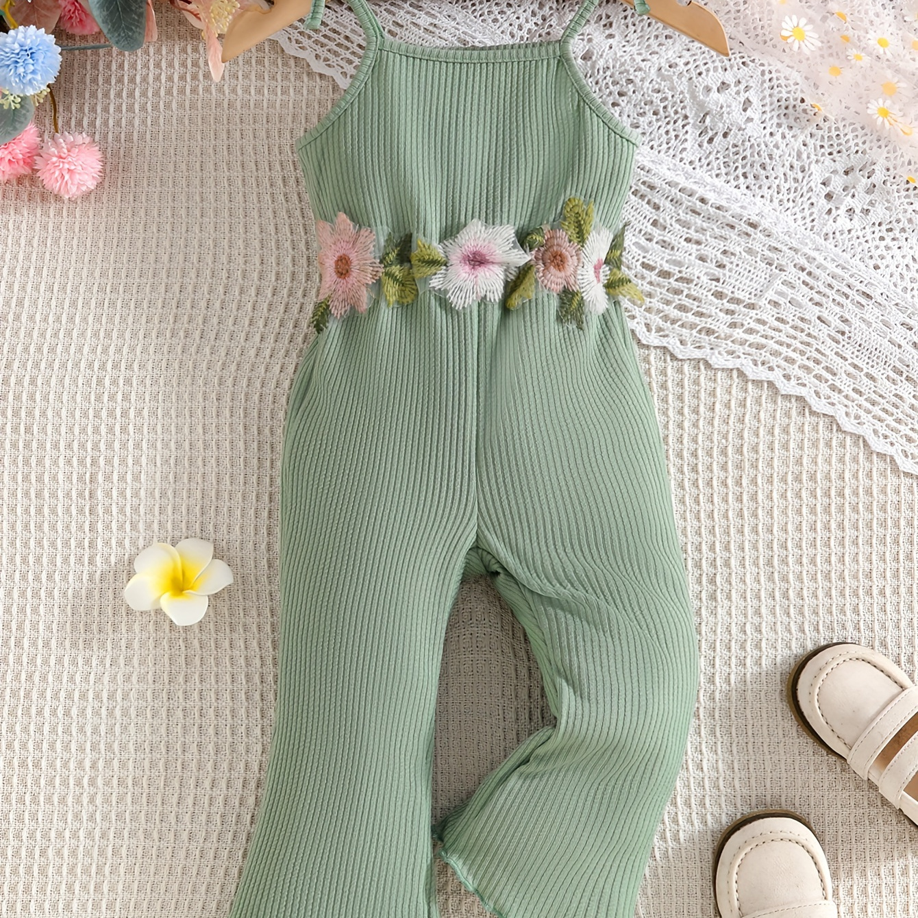 

Baby's Flower Embroidered Ribbed Cami Bodysuit, Casual Trendy Sleeveless Flared Romper, Toddler & Infant Girl's Onesie, As Gift