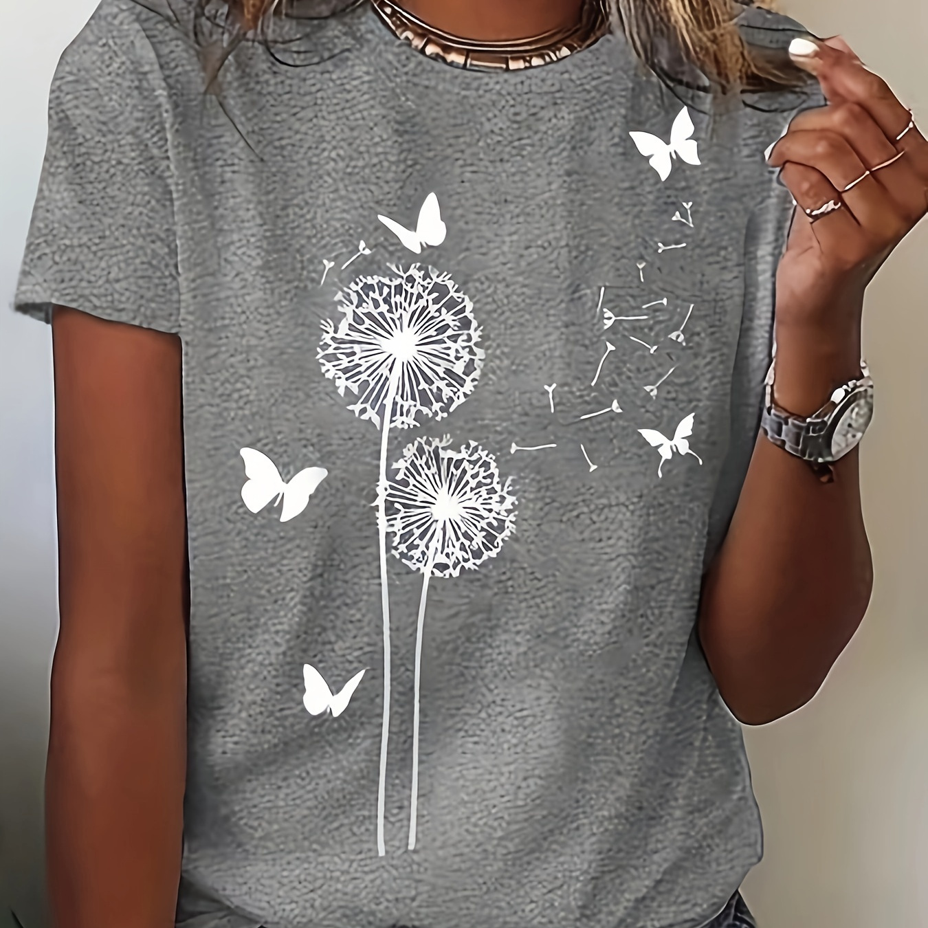

Butterfly & Dandelion Print T-shirt, Short Sleeve Crew Neck Casual Top For Summer & Spring, Women's Clothing