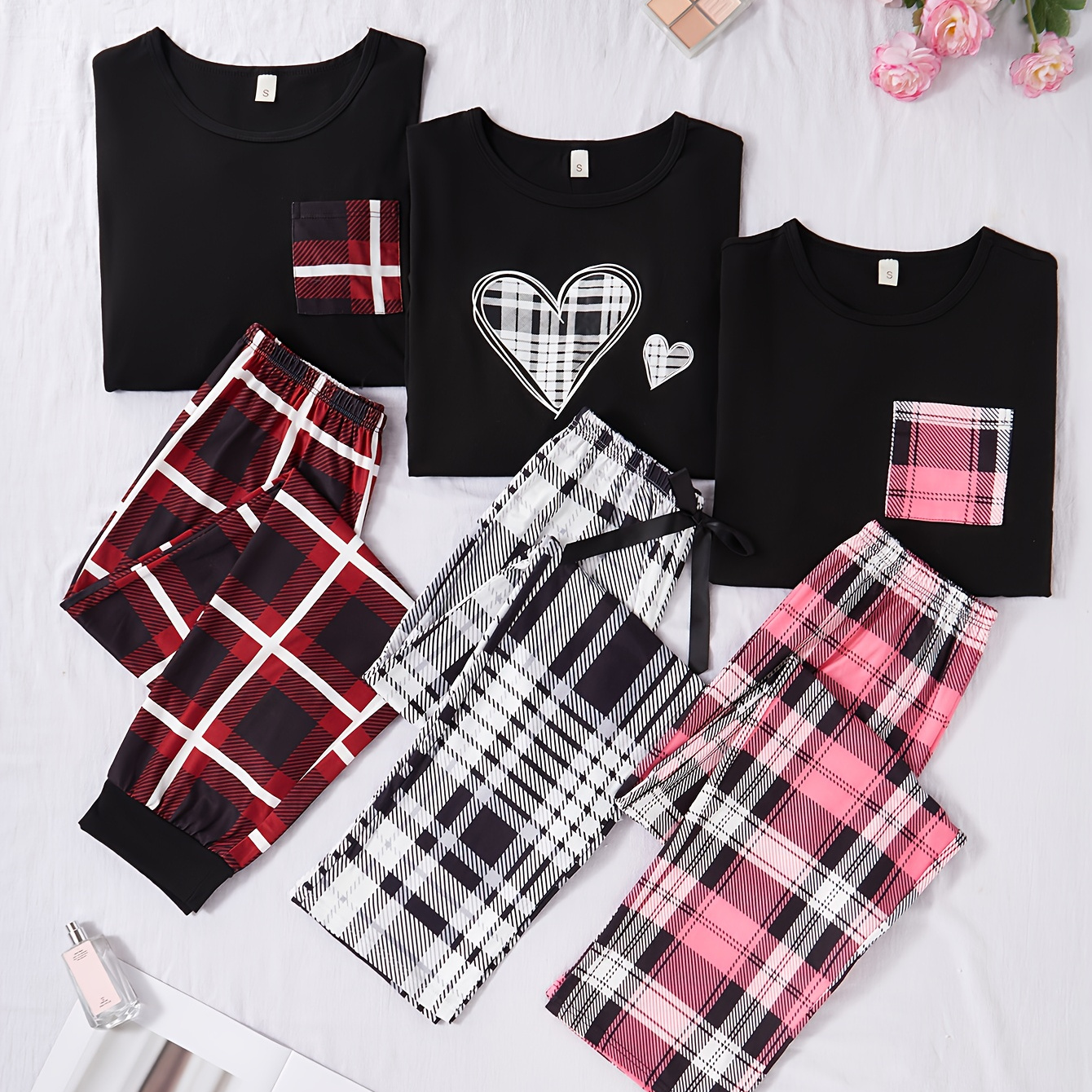 TEMU A -piece Casual Set For Women Featuring Heart-shaped Printed Pockets, Long-sleeve And Short-sleeve Tops, Checkered Trousers, And Pajama Ensembles