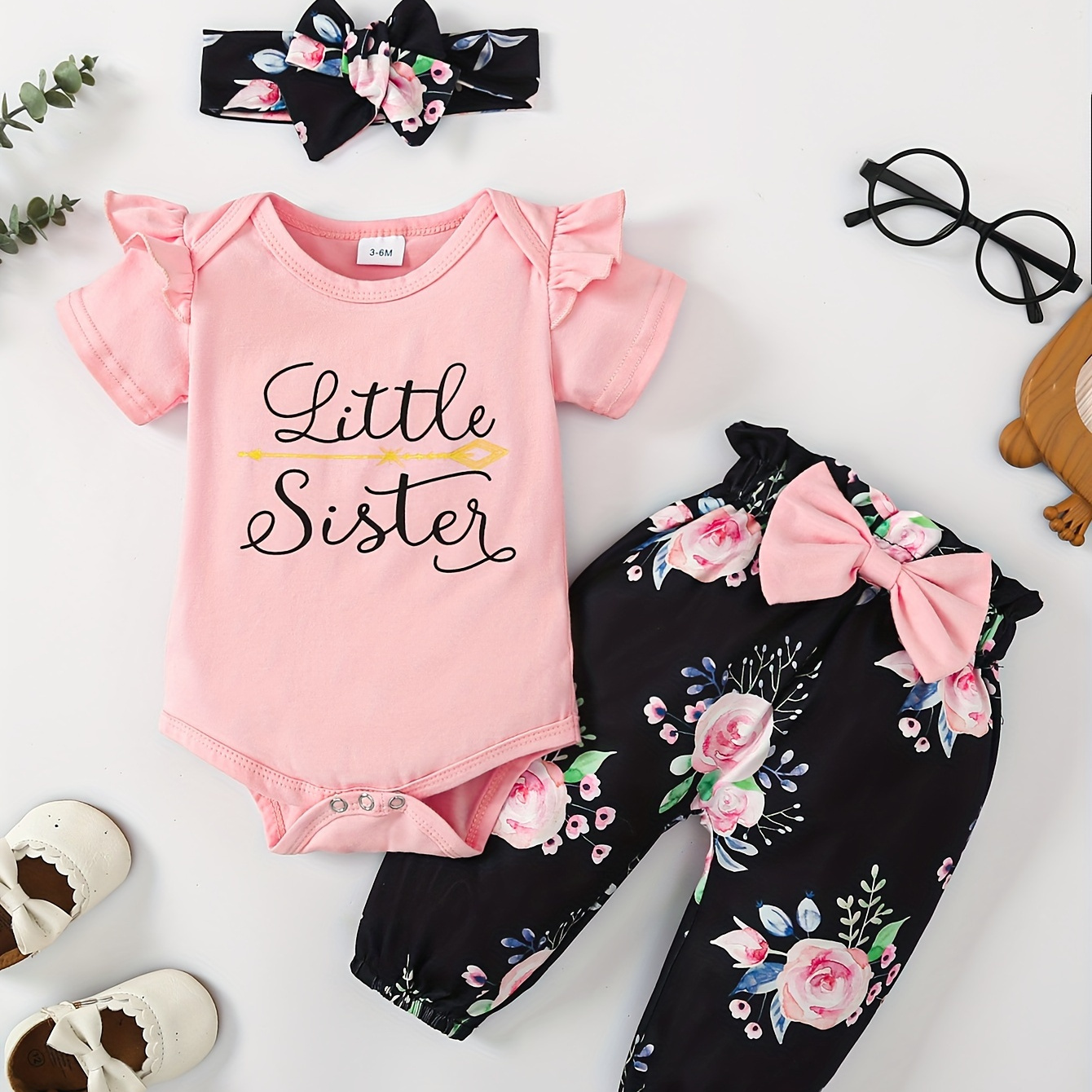 

Baby Girls Cotton Short Sleeve Bodysuit Romper + Matching Floral Print Pants + Headband Baby Clothes Summer
