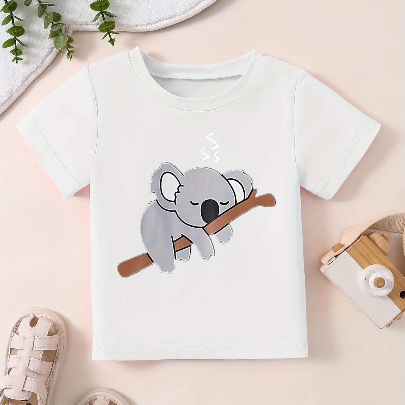 

Cute Sleeping Koala Print Cotton Tee Tops, Boys Round Neck Casual Short Sleeve Comfortable Soft Premium T-shirt