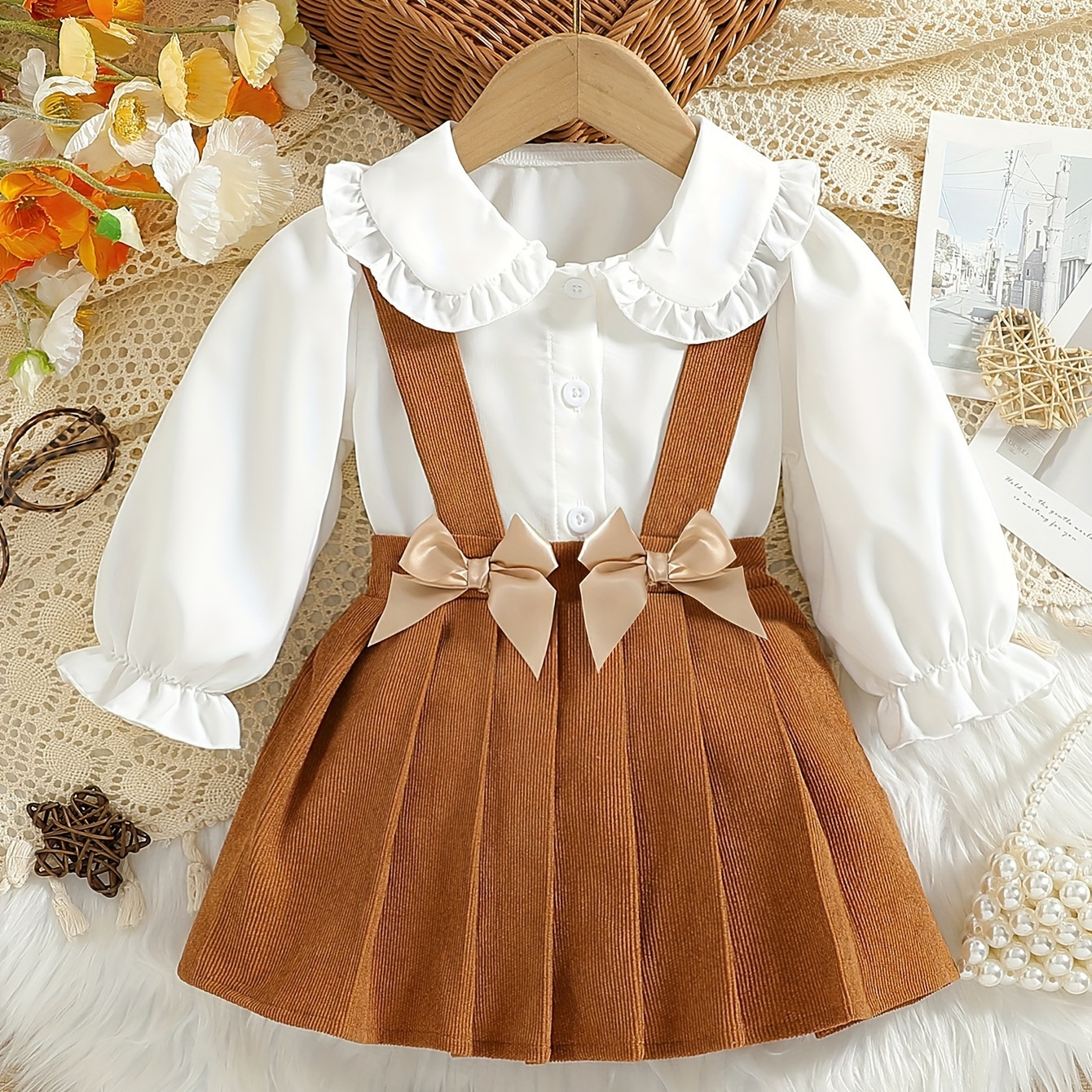 

2-piece Baby's Preppy Style Corduroy Suspender Overall Pleated Skirt + Blouse, Toddler & Infant Girl's Clothing Set