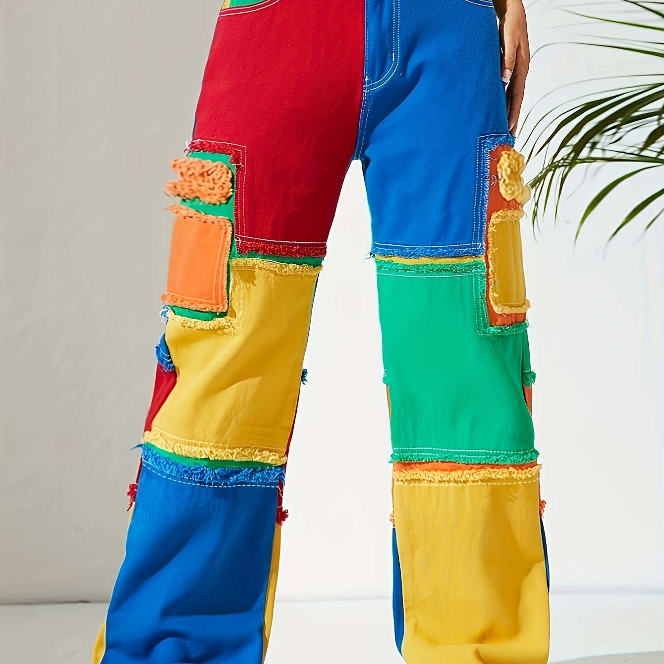 

Color Block Patchwork Raw Seam Denim Pants, High Rise Streetwear Loose Fit Straight Jeans, Women's Denim Jeans & Clothing