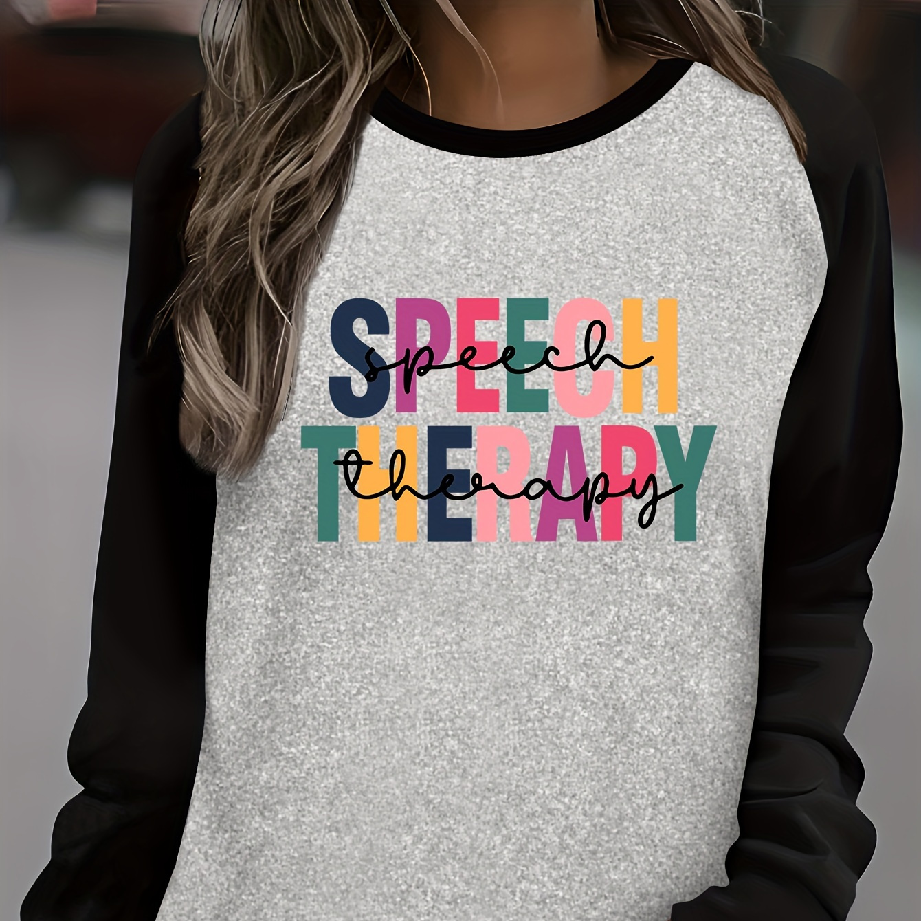 

Therapy Letter Print Long Sleeve T-shirt For Women - Casual Knit Fabric, Round Neck, Polyester Casual Top