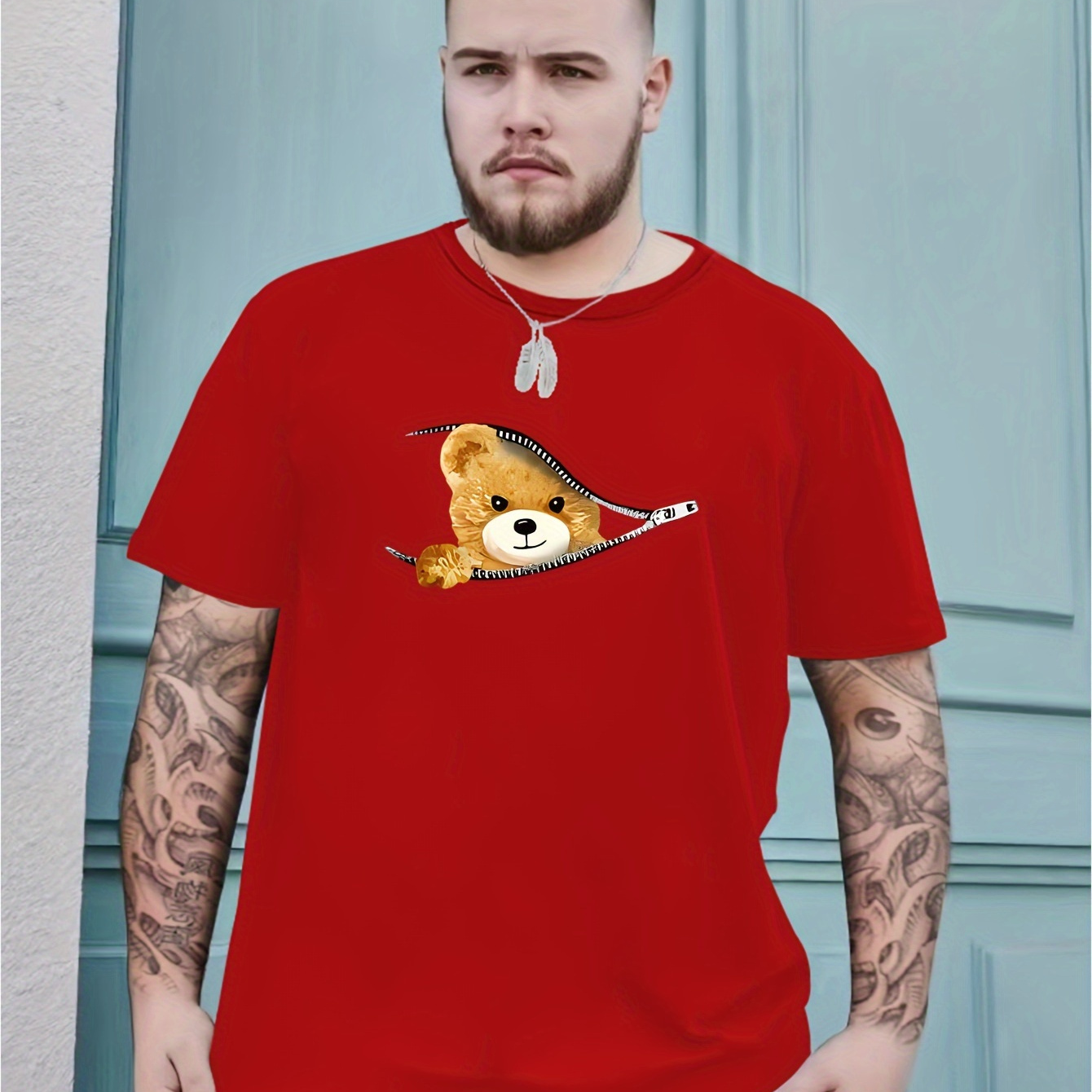 

Plus Size Men's Adorable Cartoon Bear Pattern Print T-shirt, Comfy Stretchable Casual Crew Neck Tops, Men's Clothing