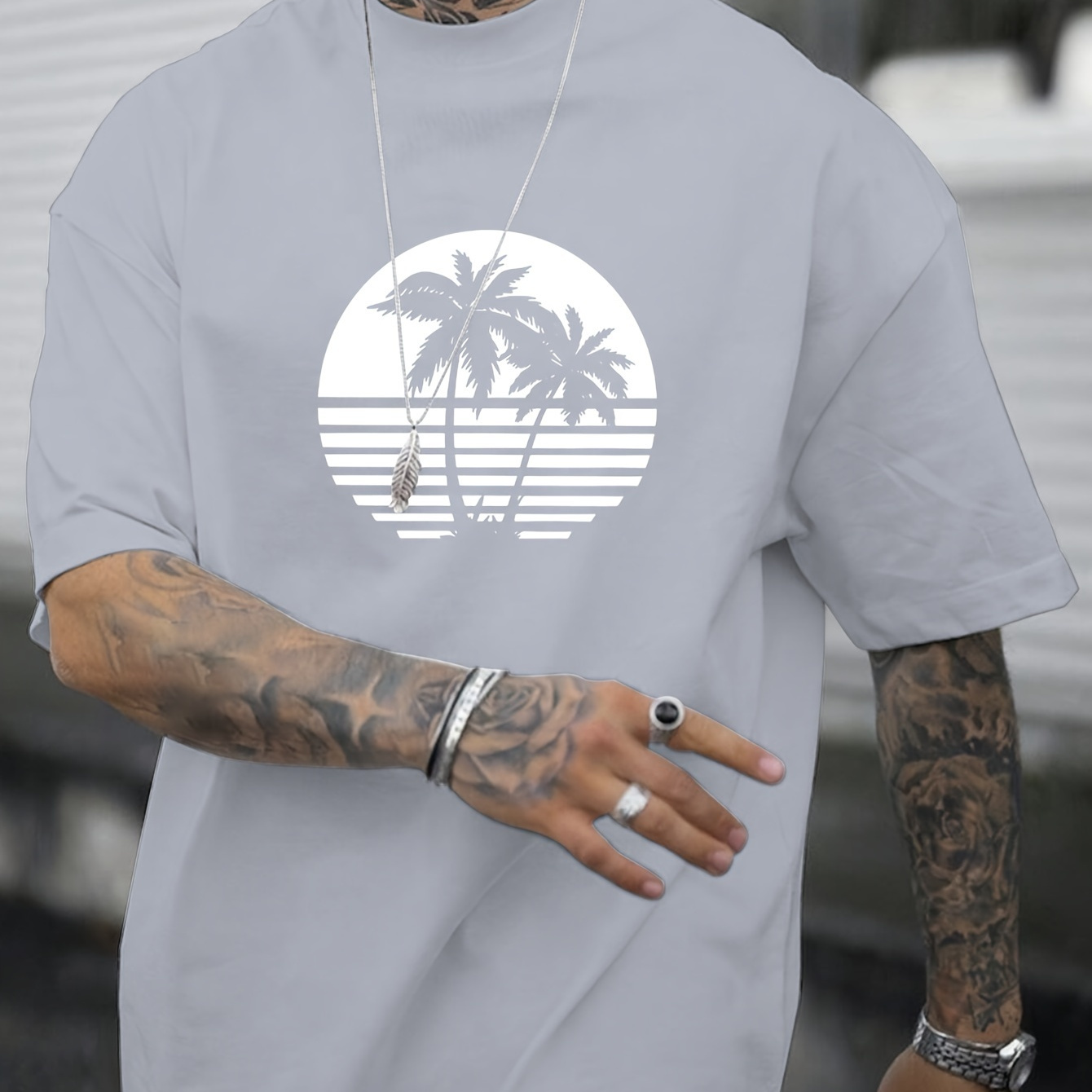 

Palm Trees Print T Shirt, Tees For Men, Casual Short Sleeve Tshirt For Summer Spring Fall, Tops As Gifts