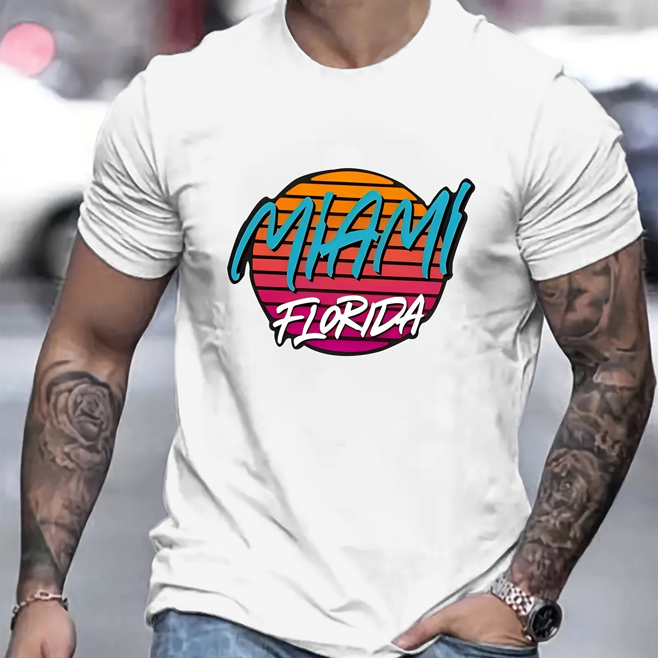 

Miami Print Men's Short Sleeve T-shirts, Comfy Casual Breathable Tops For Men's Fitness Training, Jogging, Outdoor Activities