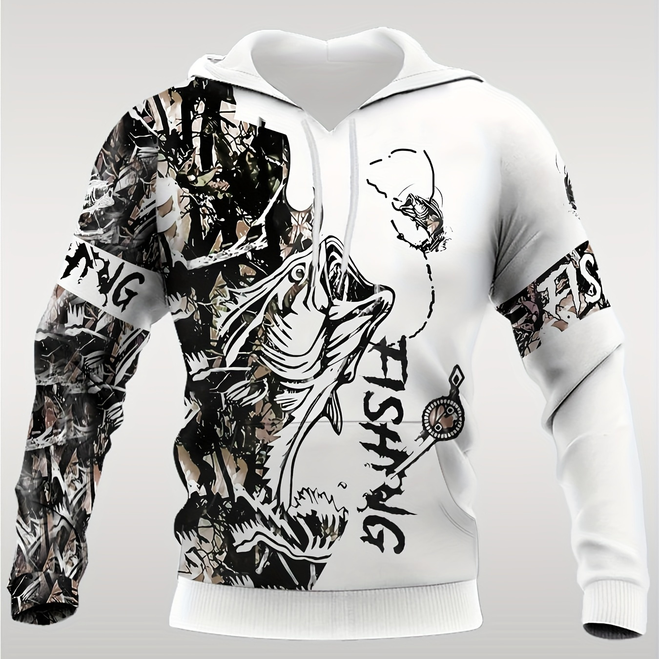 

Men's Fish Graphic Print Hoodie With Kangaroo Pocket, Casual Long Sleeve Hooded Sweatshirt For Outdoor