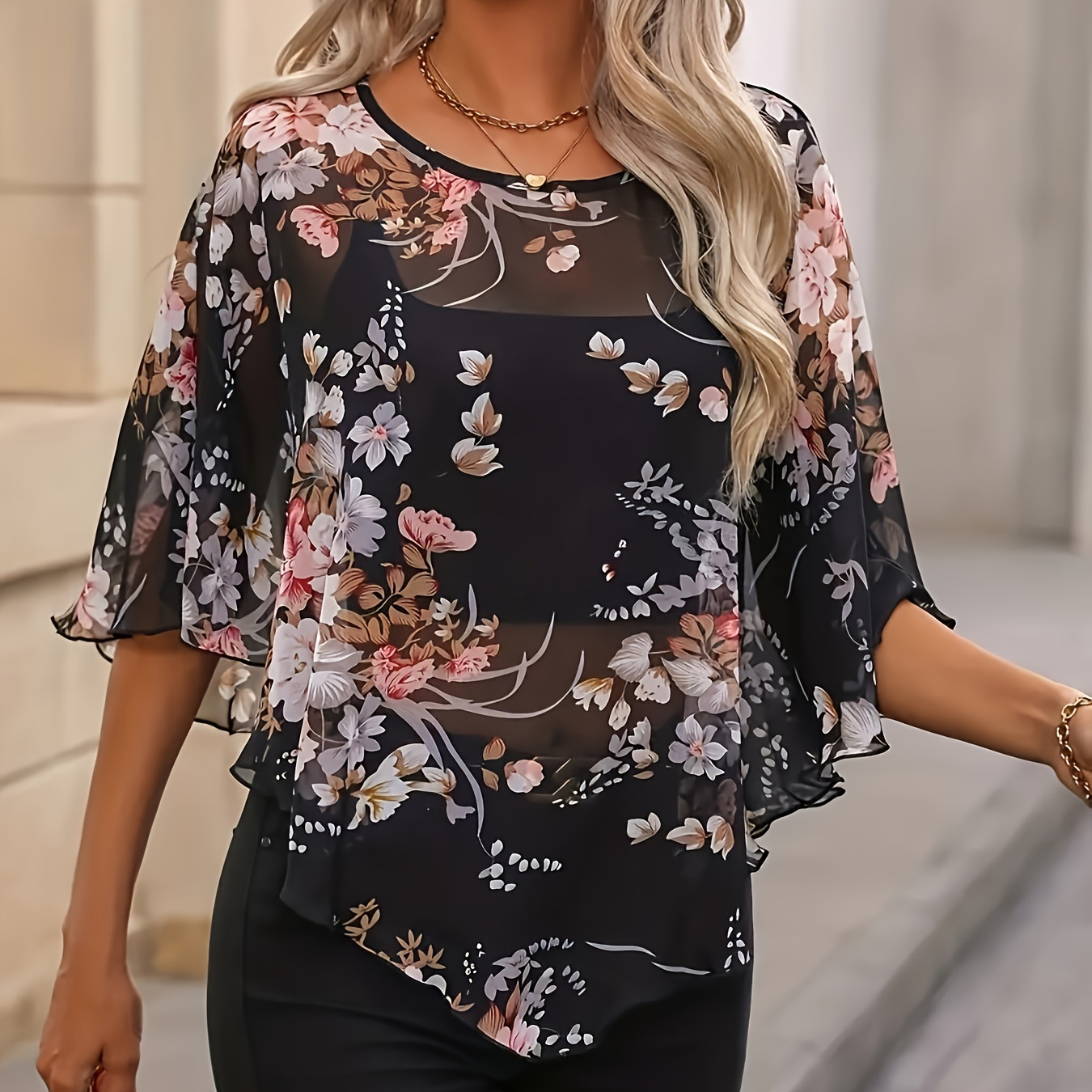

Floral Print Crew Neck Blouse, Casual Batwing Sleeve Mesh Asymmetric Hem Top For Spring & Summer, Women's Clothing