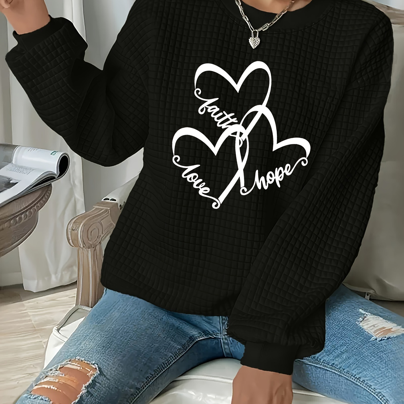 

Plus Size Heart Print Waffle Knit Pullover Sweatshirt, Casual Long Sleeve Crew Neck Sweatshirt For Fall & Spring, Women's Plus Size Clothing