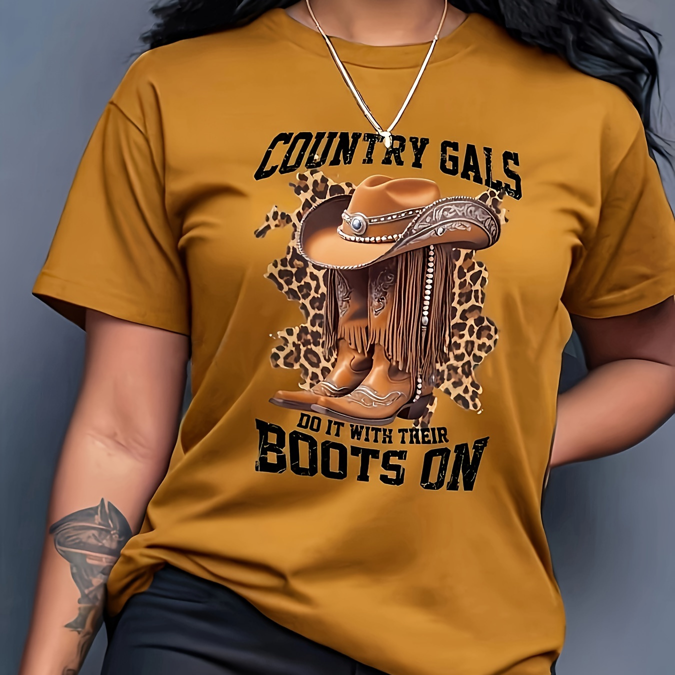 

Women's Plus Size Western Cowboy Hat Graphic T-shirt - Casual Crew Neck Polyester Tee With Stretch, Knit Fabric For Spring/summer/fall