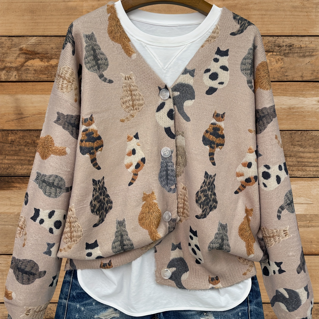 

Cardigan décontracté à imprimé chat pour femme, pull en à manches longues et col en V, surdimensionné avec détails boutonnés, mélange polyester 60% et spandex 40%, haut de mode imprimé pour /hiver