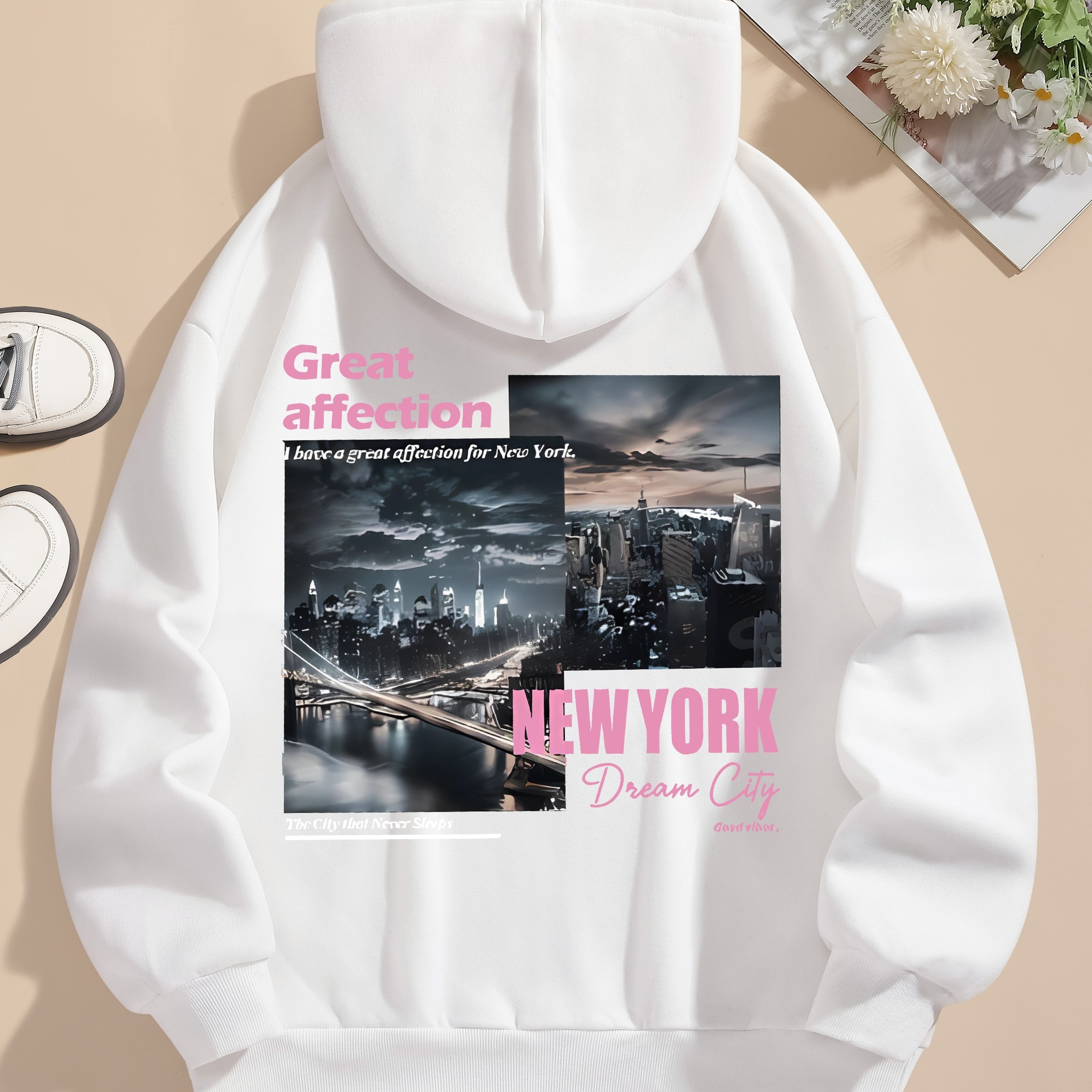 

City Landscape Print Hoodie, Drawstring Long Sleeve Casual Hooded Sweatshirt For Winter & Fall, Women's Clothing