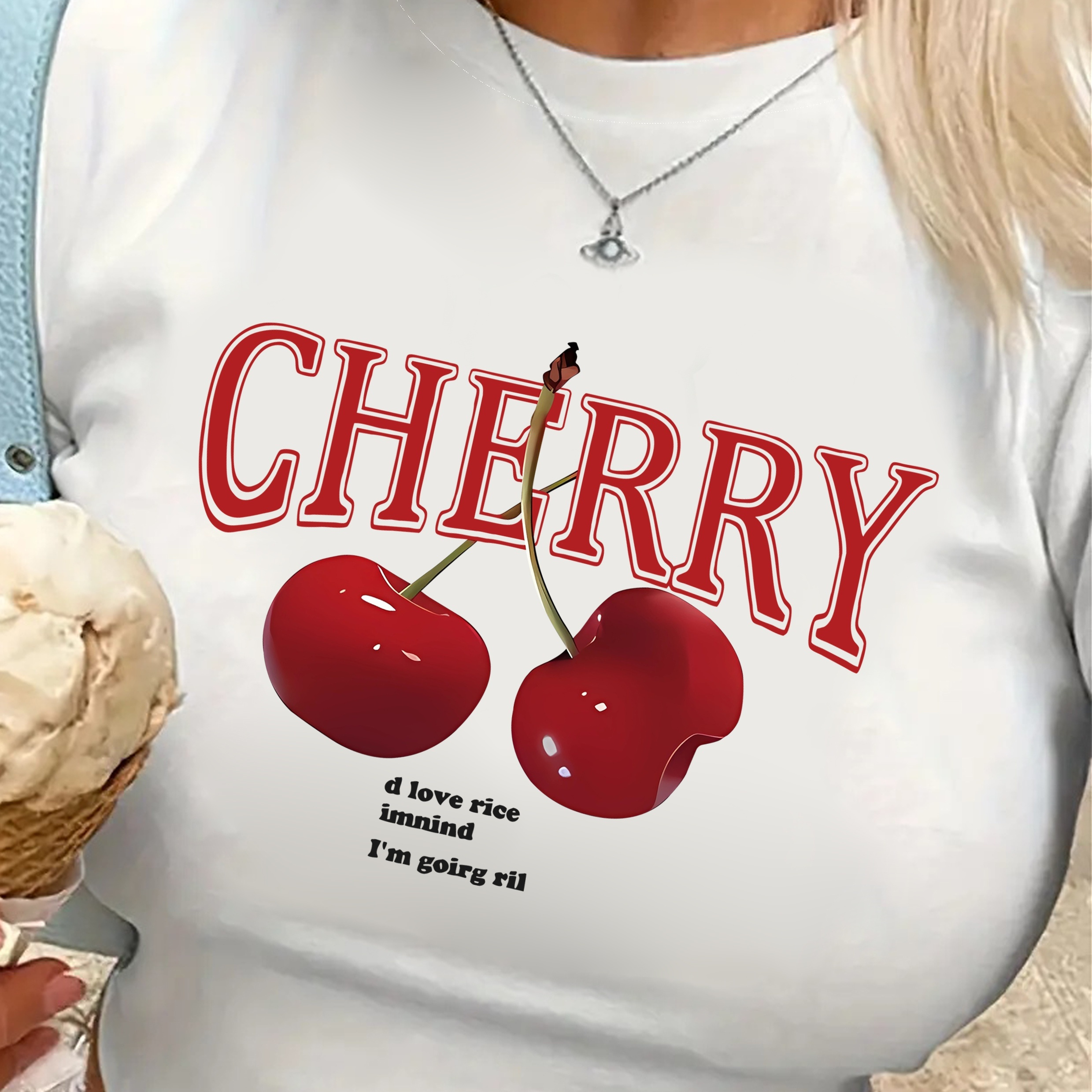 

Cherry Print Crew Neck Crop T-shirt, Y2k Short Sleeve Top For Spring & Summer, Women's Clothing