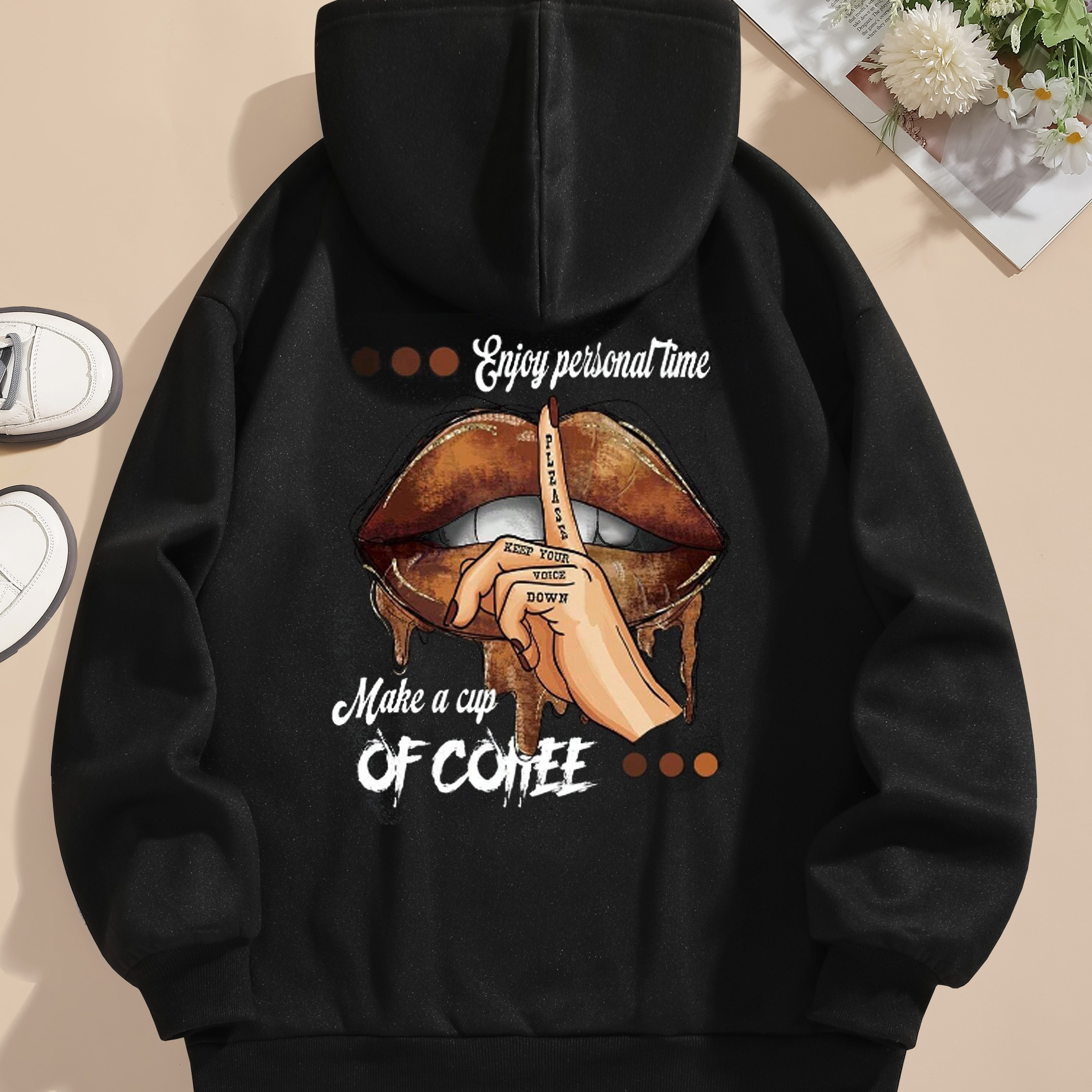 

Women's Casual Black Hoodie With Coffee & Lipstick Graphic - Long Sleeve, Polyester, Drawstring Hooded Sweatshirt, Machine Washable, Fall & Winter, Sweater Hoodie