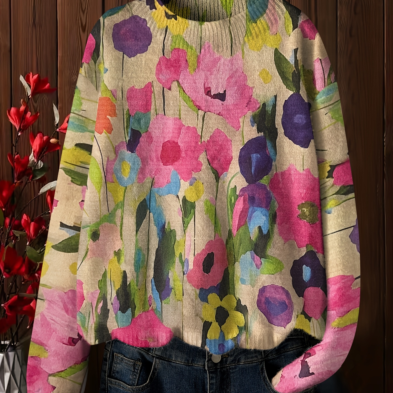 

Floral Print Pullover Sweater For Women - Casual Crew Neck, Long Sleeve, Stretch Knit Fabric, Vibrant Flowers On Light Background